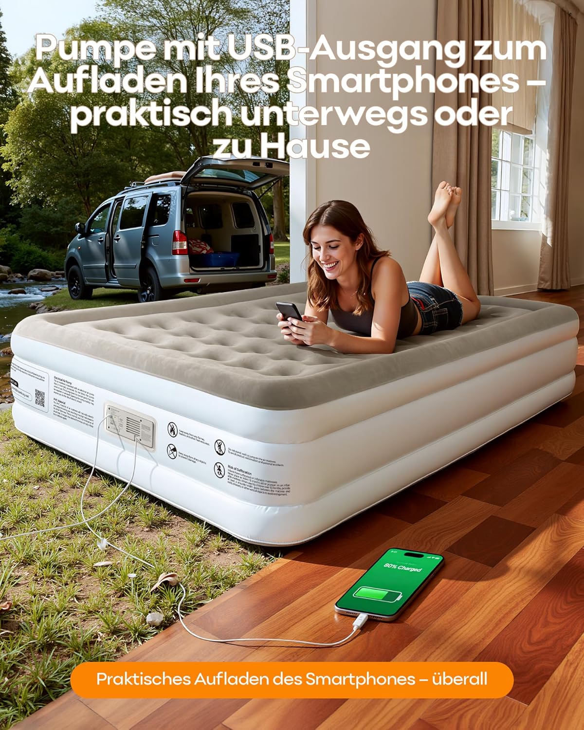 Matelas gonflable avec pompe intégrée – Gonflage automatique et rapide (2,5 min), fonctionnement silencieux, pour 2 personnes, usage domestique - 6