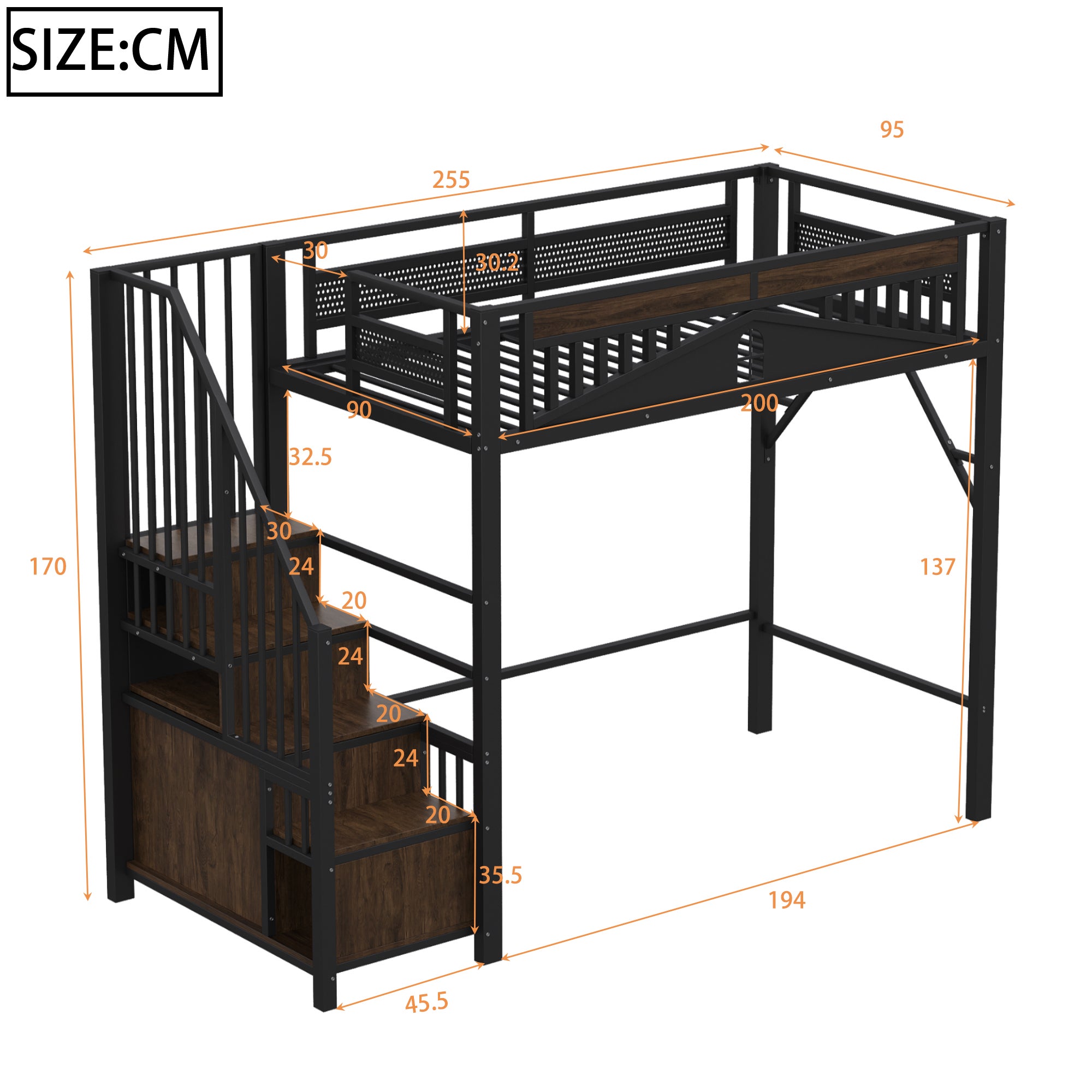 Lit mezzanine en métal 90 x 200 cm, enceinte de sécurité unique avec fenêtre, échelle de sécurité avec casier, noir - 5