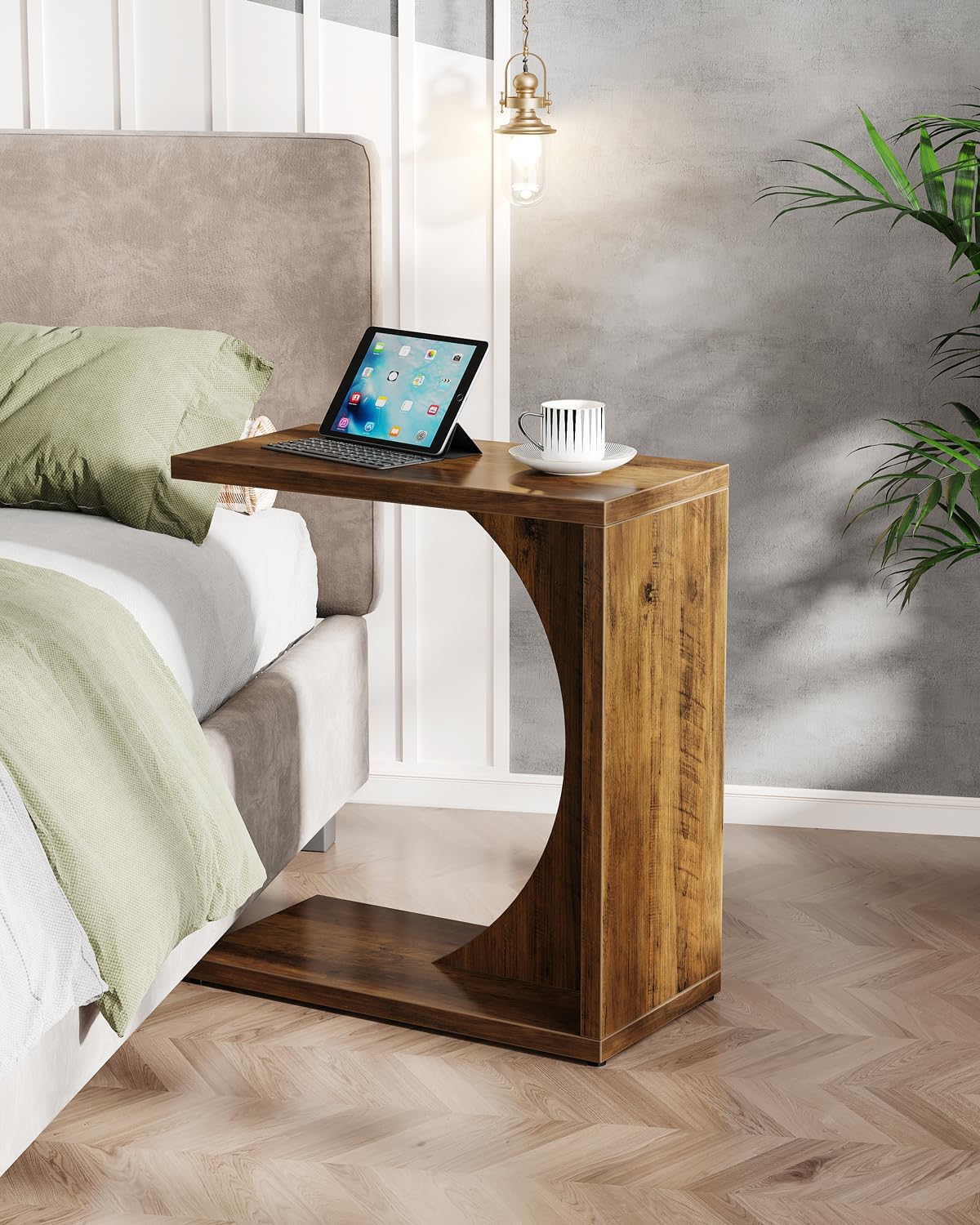 Tribesigns Table d'Appoint en Forme de C pour Canapé, Table de Chevet Design, Style Rustique Brun - 3