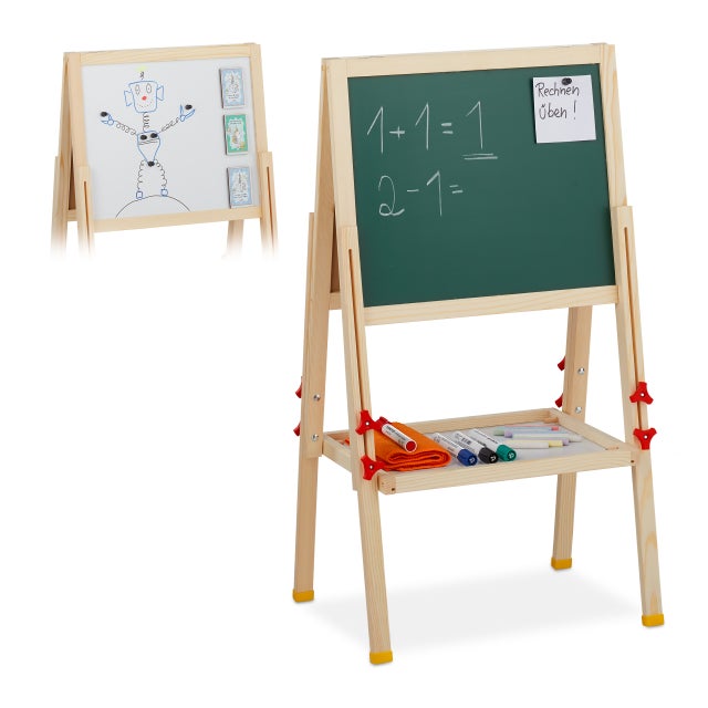 Relaxdays Lavagnetta per Bambini, Regolabile in Altezza & Magnetica in Legno, con Gesso, 81-104x45x42 cm, Legno Naturale
