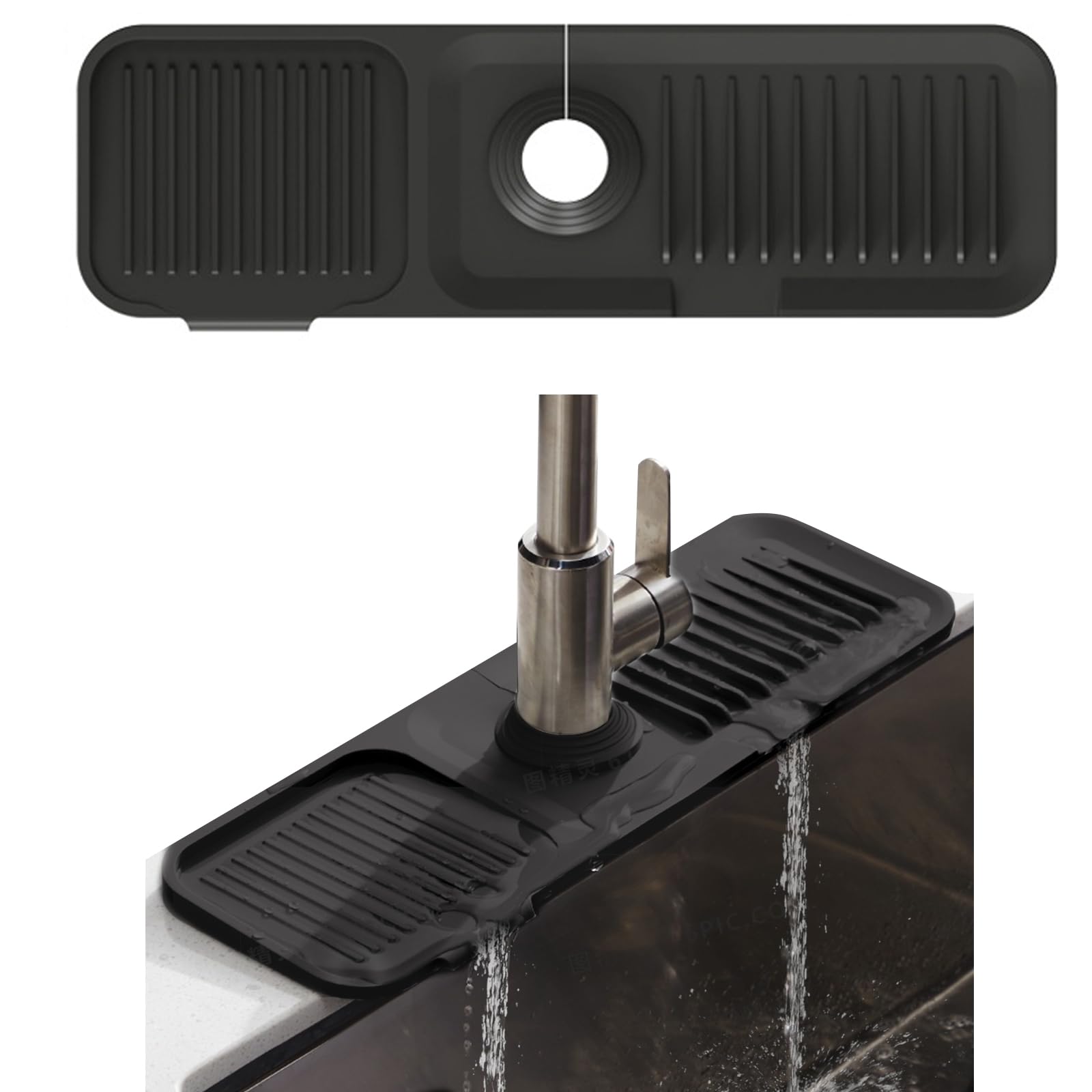 Silikonowa mata pod kran 45 * 15 cm, łapacz rozprysków wody z kranu, silikonowe podkładki pod kran, mata do suszenia kranu (czarna)