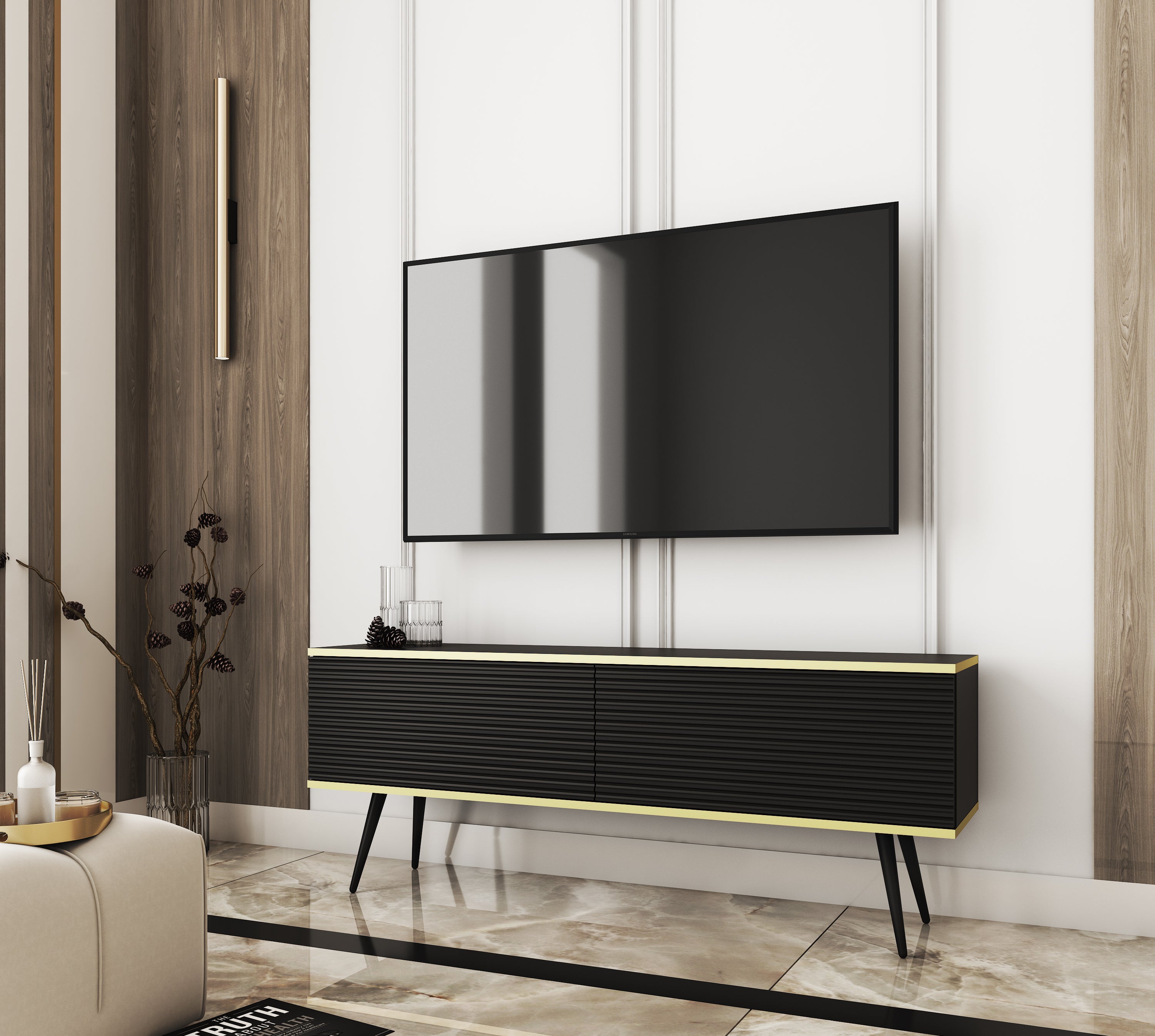 Stolik pod TV z czarnymi listwami, czarne nogi, 135 x 30 x 52 cm, otwierany na naciśnięcie - 2