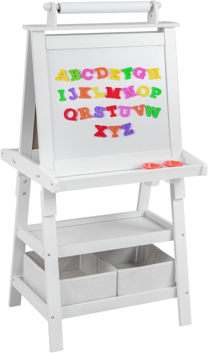 LIFEZEAL – Chevalet Tableau Double Face 3 En 1 – Blanc Et Noir – Avec 2 Étagères, 2 Boîtes De Rangement, Rouleau De Papier – Rose – Pour Enfants 3+ – Jouet Éducatif Et Créatif