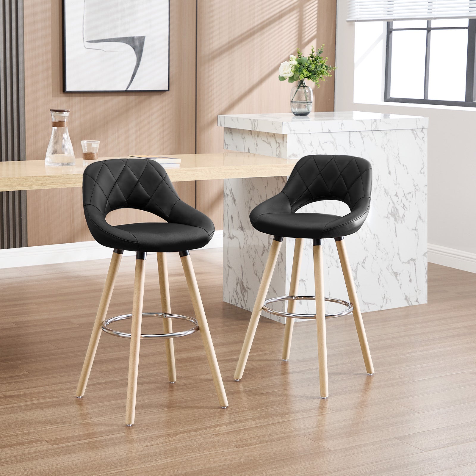 Lot de 2 Tabouret de bar avec dossier et repose-pieds WOLTU, Fait de similicuir et bois massif, Siège bien rembourré, 43x43x91cm, Noir - 2