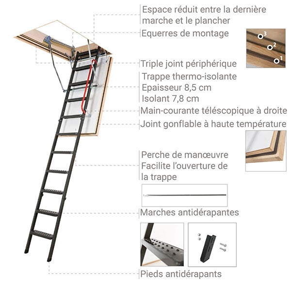 Escalier métal coupe feu 60min - 3.60m sous plafond - Trémie 70x144cm - LMF60/70144-360 - 3