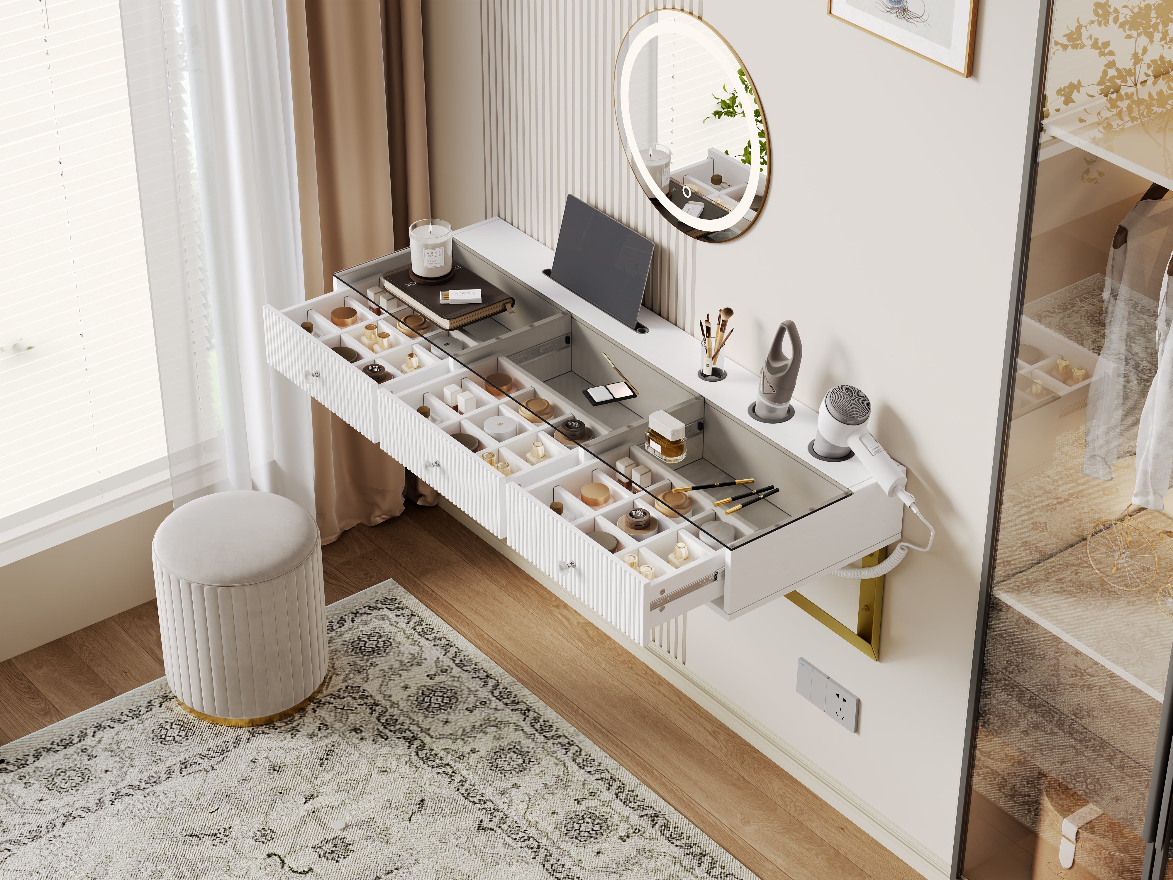 Coiffeuse murale avec 3 tiroirs - MDF + panneau de particules + plateau en verre - 120 x 40 x 45 cm - Blanc (sans tabouret et miroir) - 5