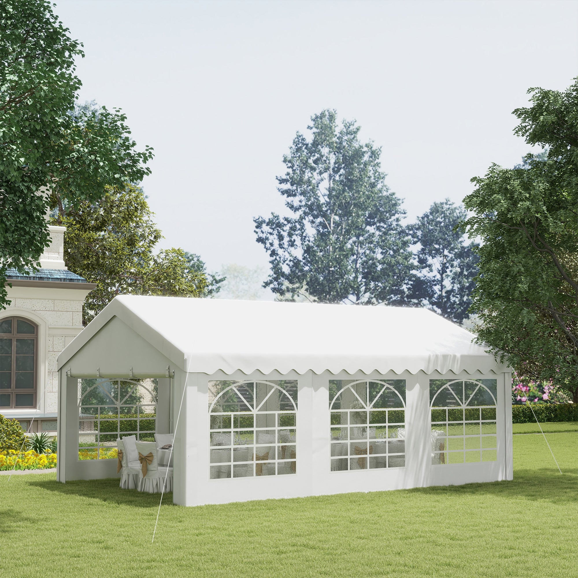 Outsunny Tendone per Feste 6x4m con Pareti Rimovibili, Porte e 6 Finestre, Bianco - 2