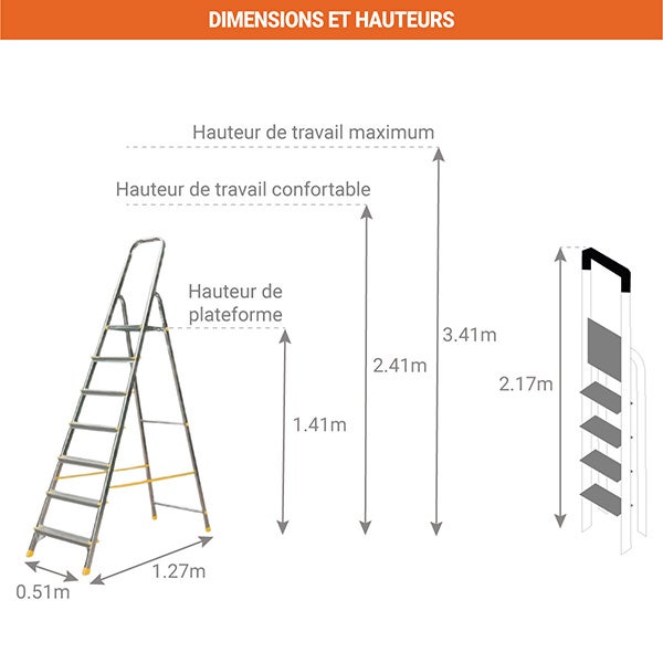 Escabeau 7 marches - Hauteur max. de travail 3.41m - 917 - 2