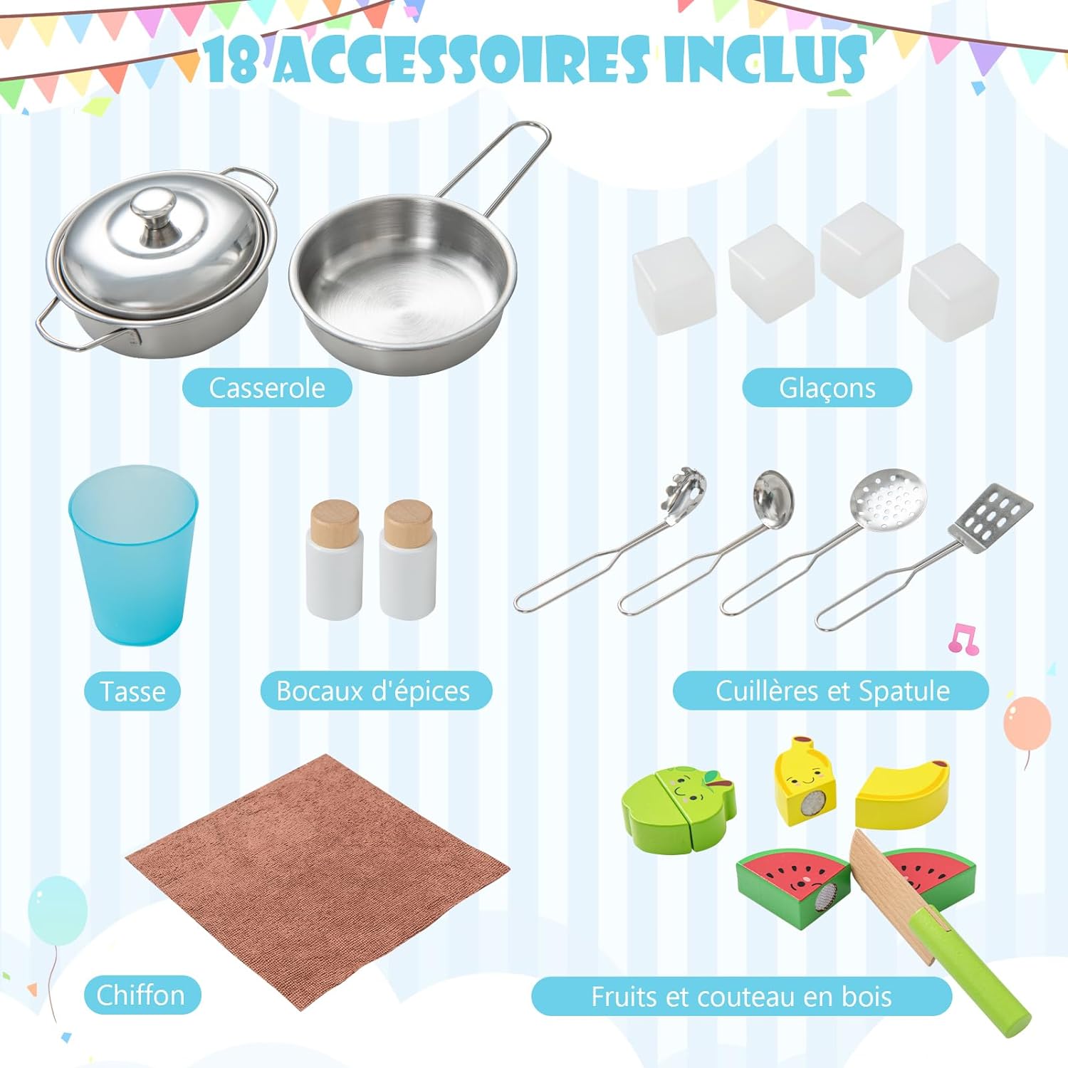 Cuisine Enfants en Bois avec 18 Accessoires, Jeu d'Imitation pour Enfants de 3-6 Ans,72 x 30 x 90 cm - 4