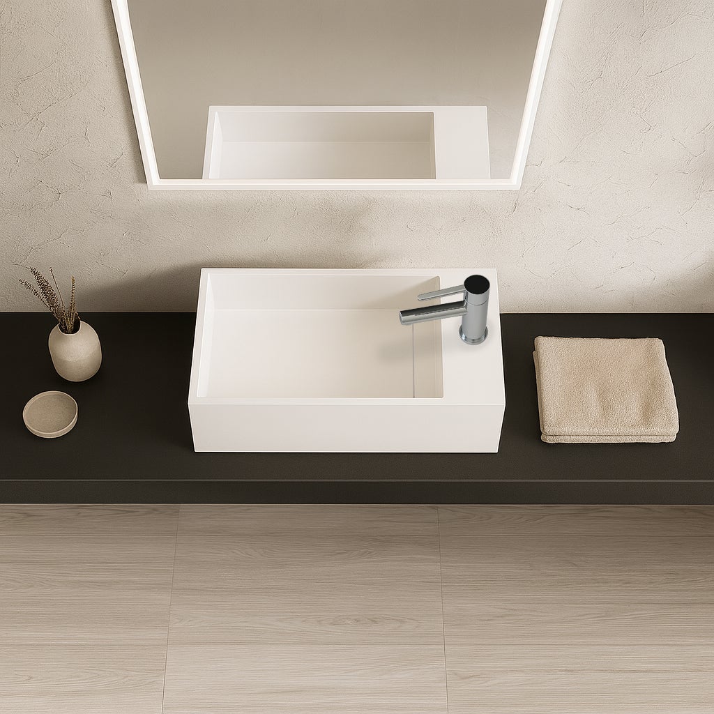 Lave-mains suspendu blanc mat MANITA D - Lavabo rectangulaire en Solid surface 35cm - 3