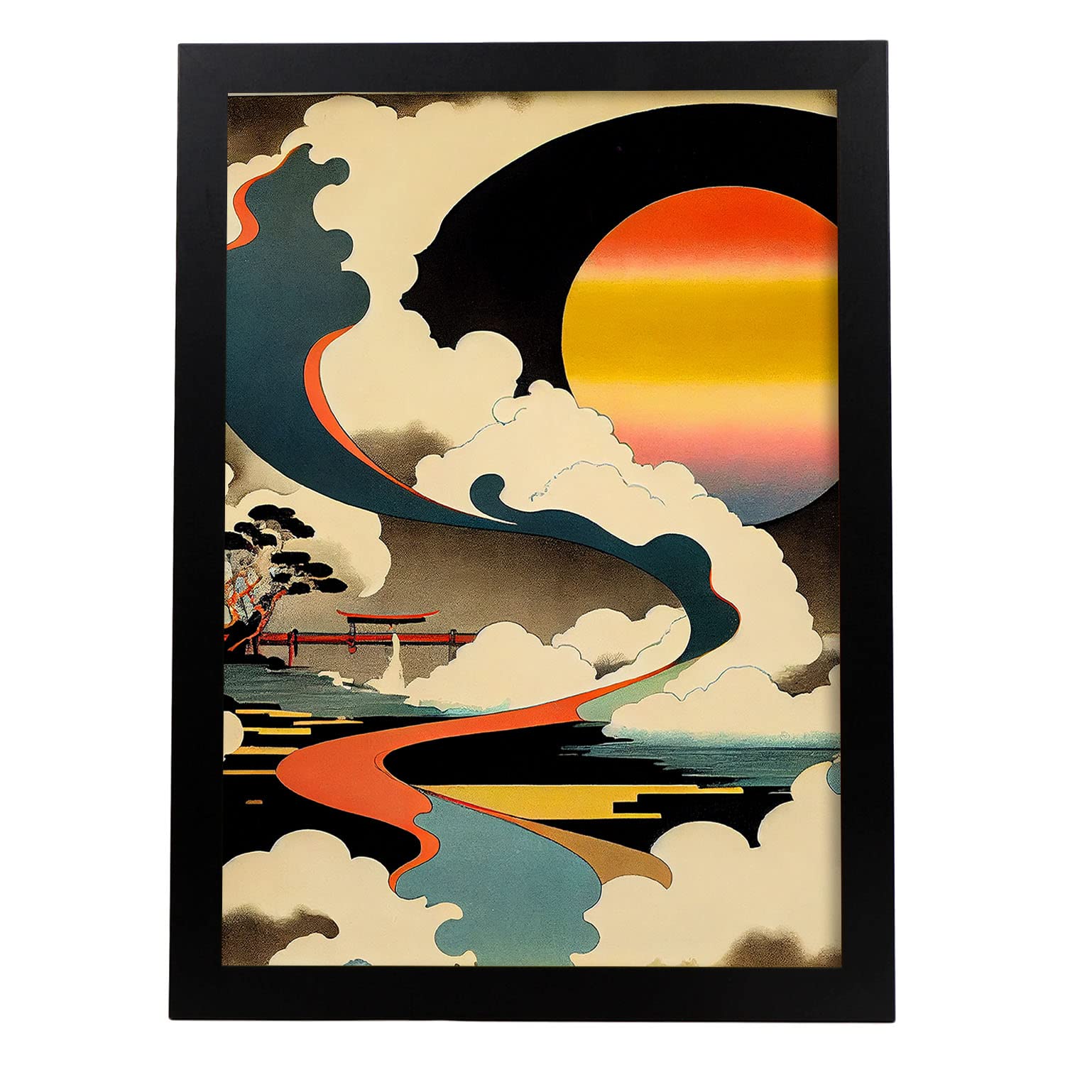 Nacnic poster luna y mar en el estilo de arte japonés ukiyo paisajes abstractos y surrealistas en ilustraciones de arte oriental a3 marco negro