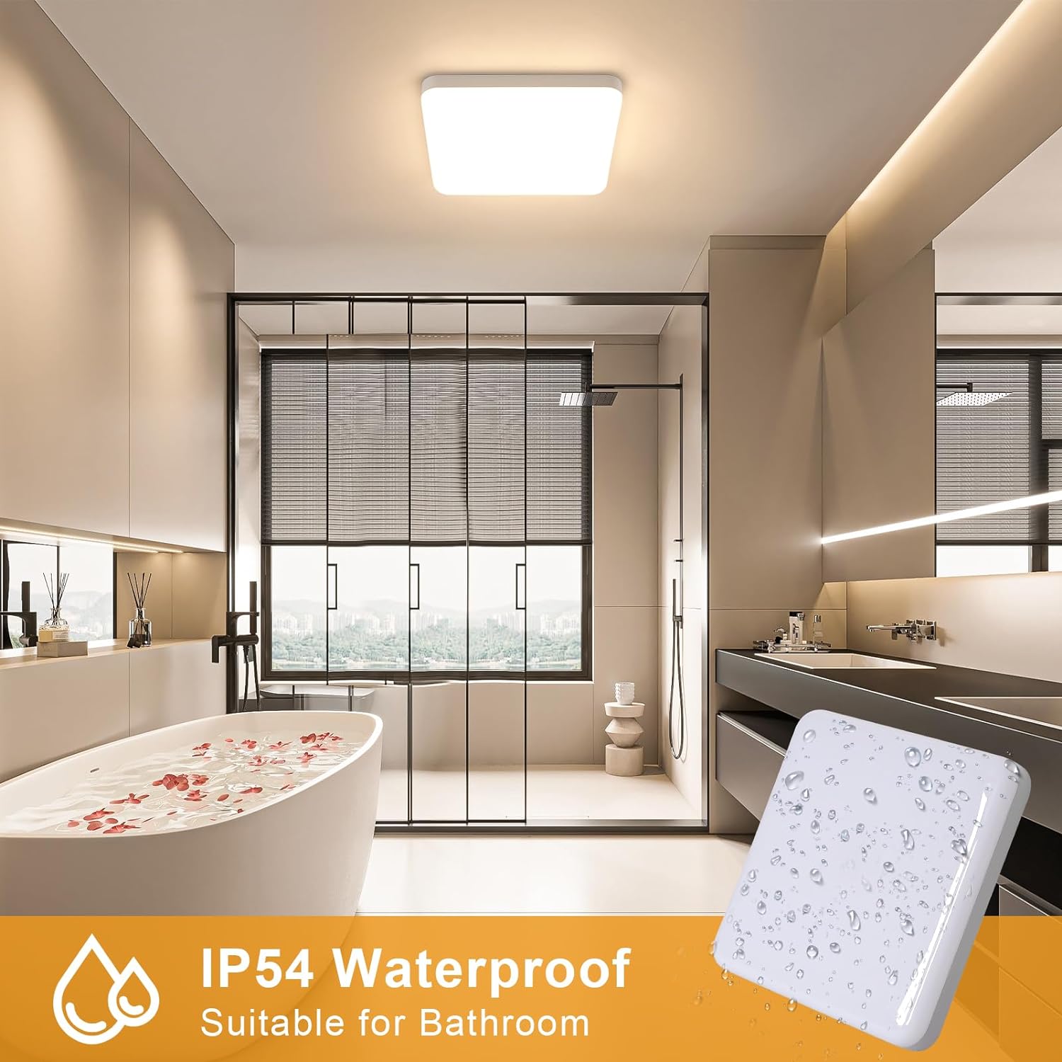 Plafonnier LED salle de bain GOECO, D.25cm 32W 2800 lm IP54 Lumière chaude 3000K, blanc carré lampe de plafond pour couloir, cuisine, chambre - 3