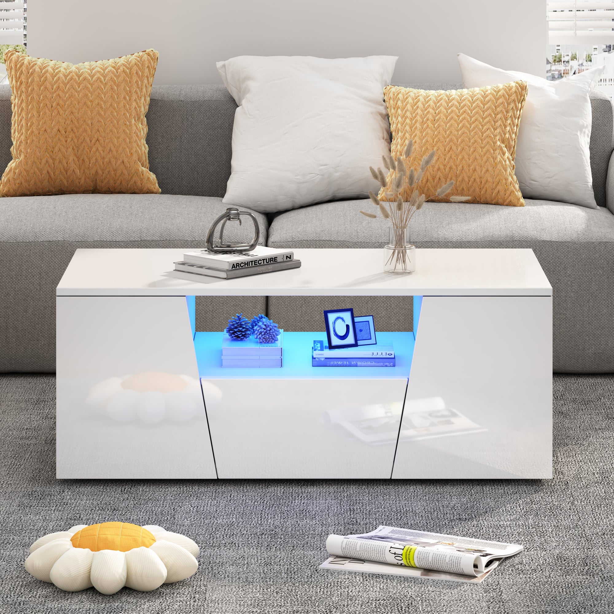 Stolik kawowy z 2 drzwiami i 1 szufladą - 100 x 50 x 40 cm - Diody LED - Płyta wiórowa - Biały połysk