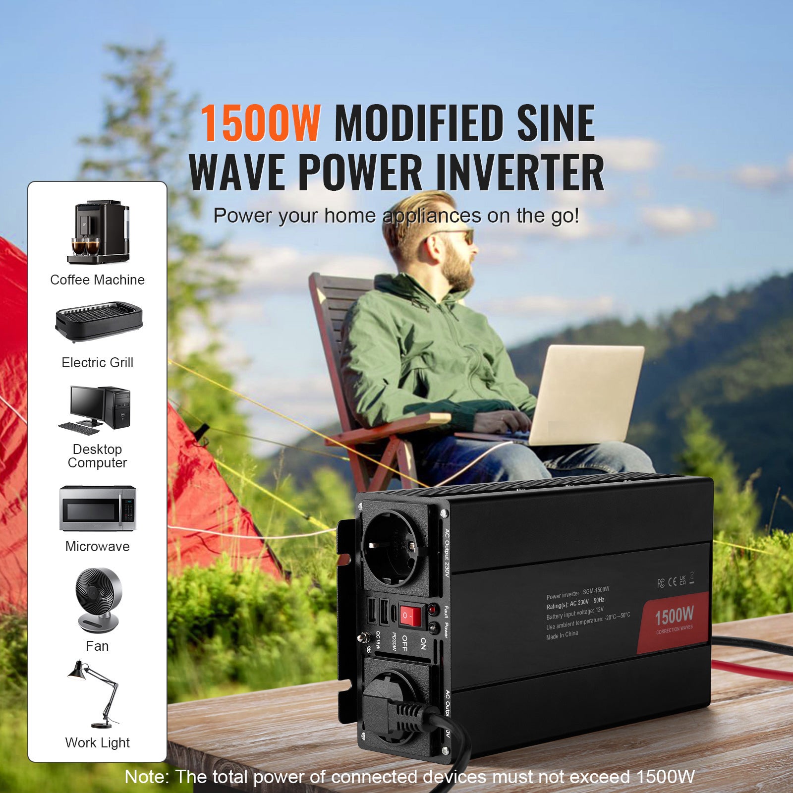 Onduleur Onde Sinusoïdale Modifiée 1500 W DC 12 V à AC 230 V, 2 Prises CA, 2 Ports USB, Type-C, 6 Fusibles, Certifié CE FCC SucceBuy - 4