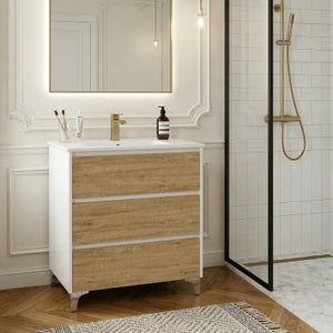 Meuble vasque L.60cm sur pied Blanc laqué 2 tiroirs Chêne naturel LISBONA - sans colonne - Maison