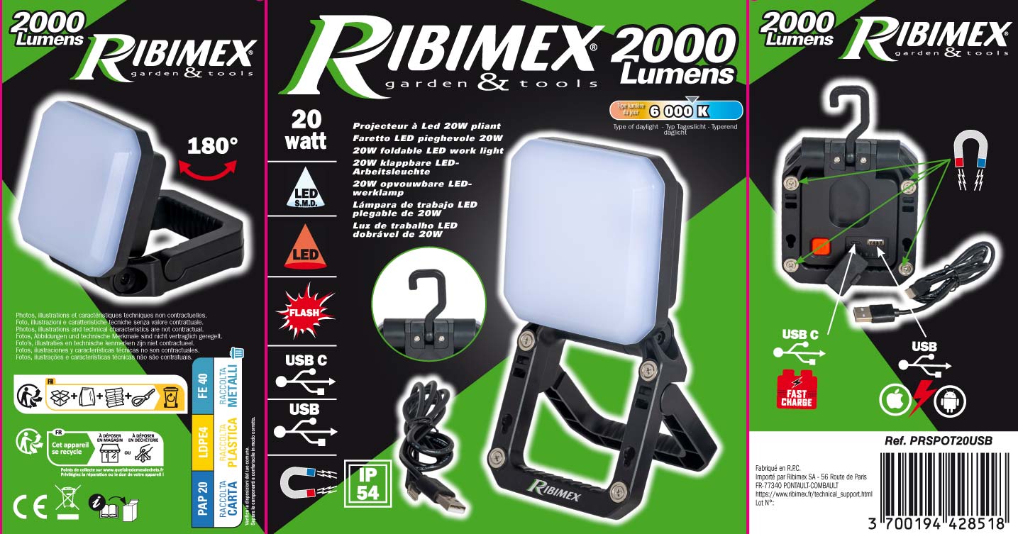 Lampe leds multi-usage 20w à batterie 2000 lumen - 6