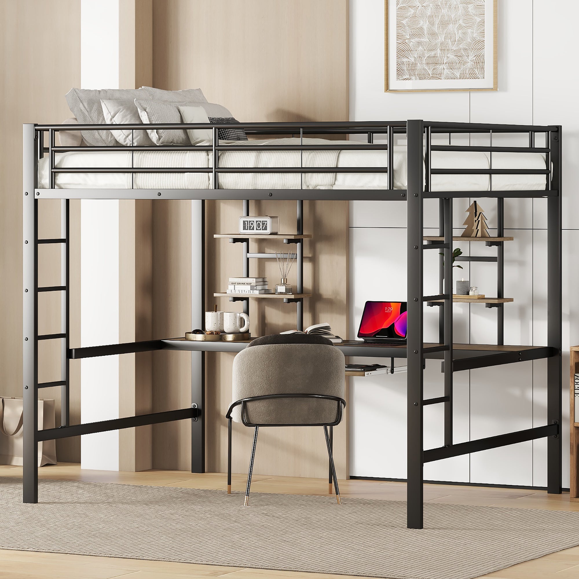 Mezzanine Métal Noir Avec Lit Et Bureau Intégré – 140x200 – Occasion