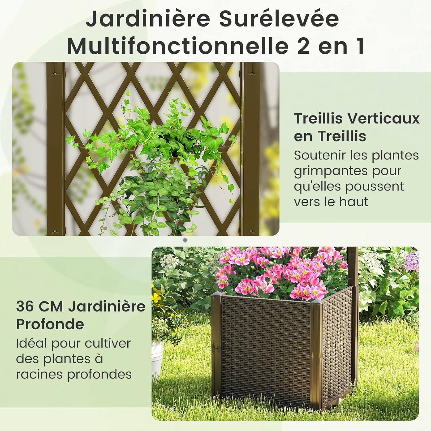 Jardinière avec Treillis sur Pied, Bac de Plantation Auto-arrosage en Rotin PP avec Trou de Drainage, Légumes, Fleurs, Café, 40 x 40 x 140 cm - 6