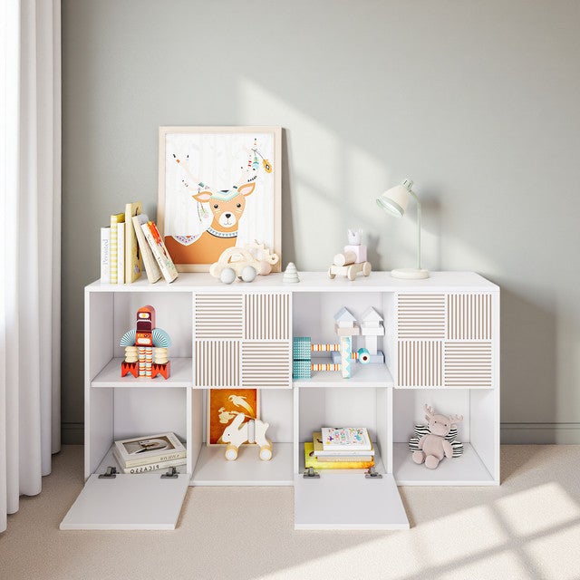 Bibliothèque en bois avec 8 Cubes, 125x30x60cm, Compartiment de Rangement Ouvert et 4 Portes, Étagère de Rangement Modulaire