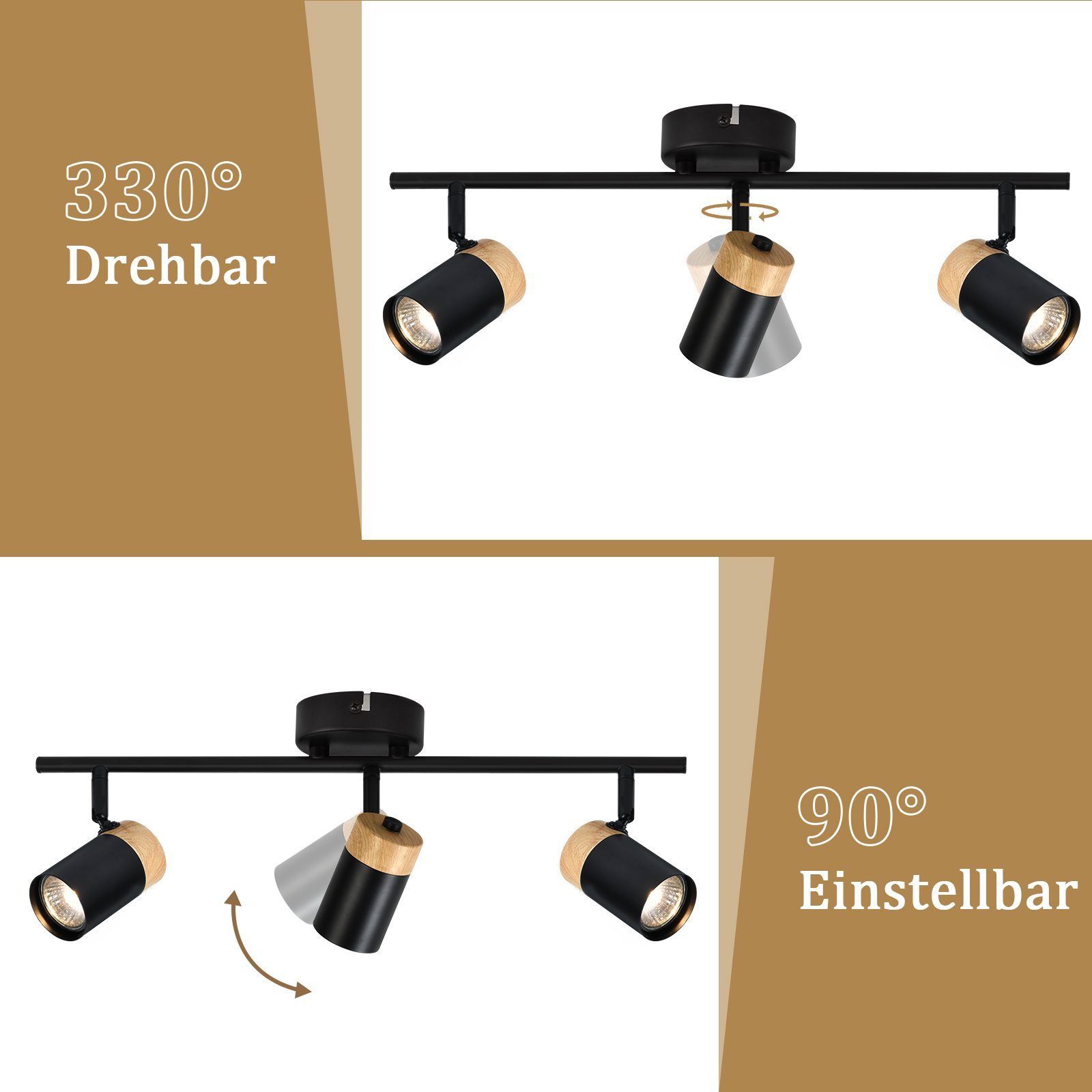 NETTLIFE Plafonnier 3 spots bois GU10 noir orientable 330° pour salon chambre cuisine chambre d'enfant sans ampoule - 2