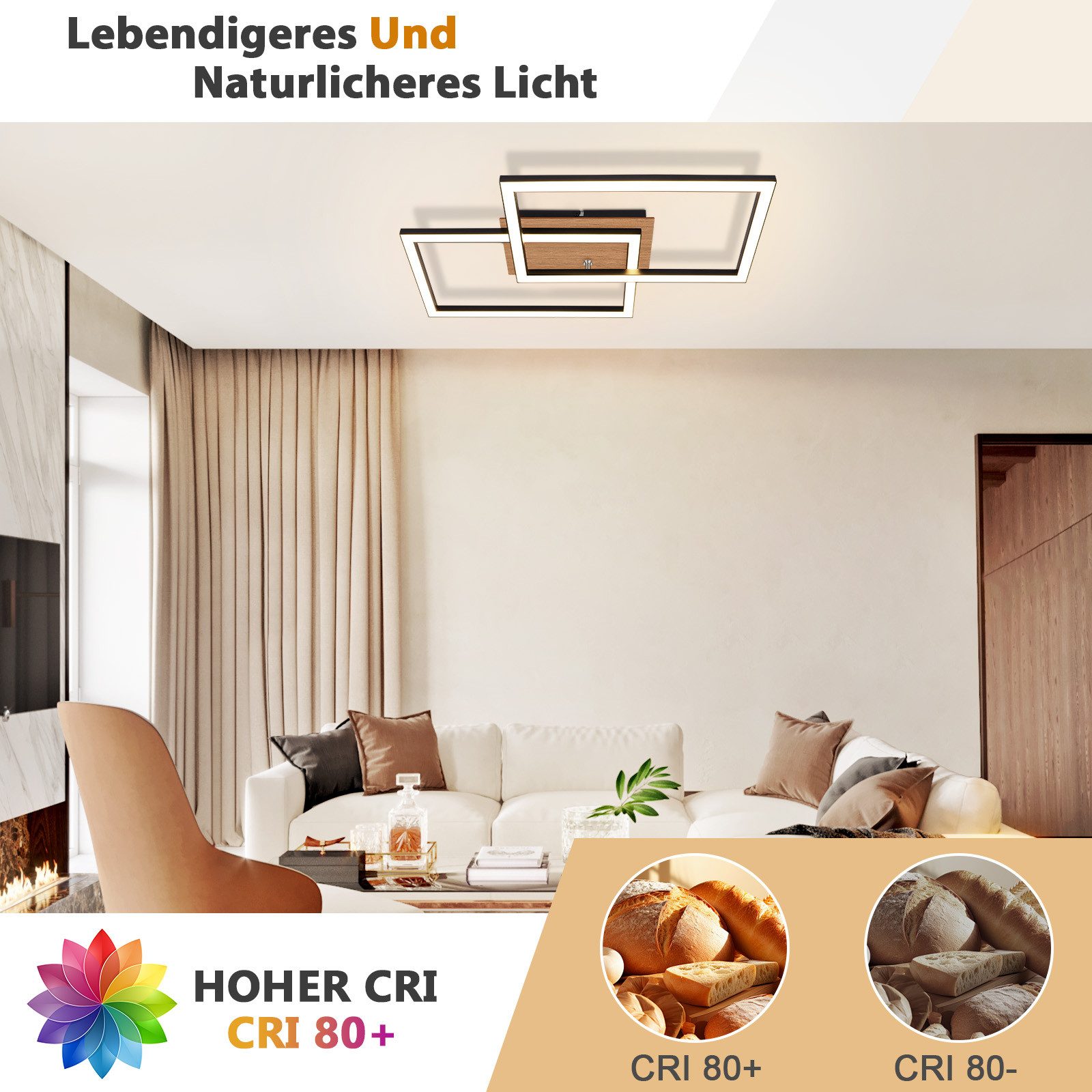 NETTLIFE Plafonnier LED Moderne Plafonnier Bois 3000K Blanc Chaud Noir Rectangle Design 24W - 4