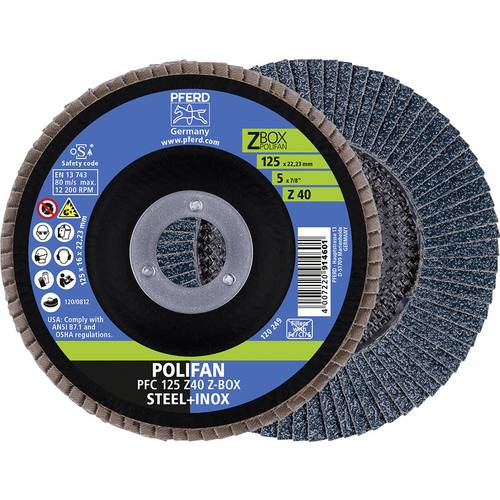 PFERD POLIFAN 69300934 - Disco a ventaglio, 10 pezzi, 125 x 22,23 mm, conico Z40, linea starter steelox | per acciaio, acciaio inossidabile (INOX)