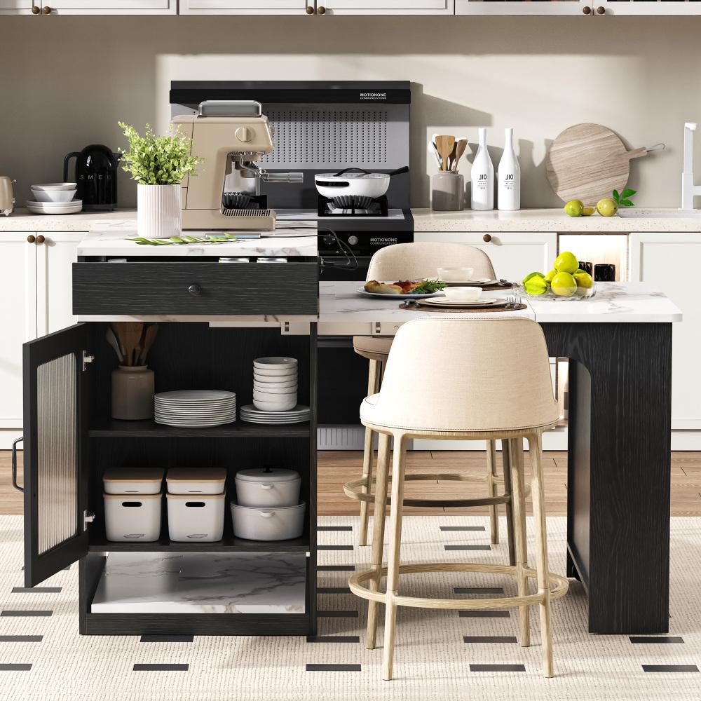 Îlot de cuisine avec roulettes et table extensible – Design marbré, prise intégrée, buffet multifonction pour cuisine et salle à manger - 3