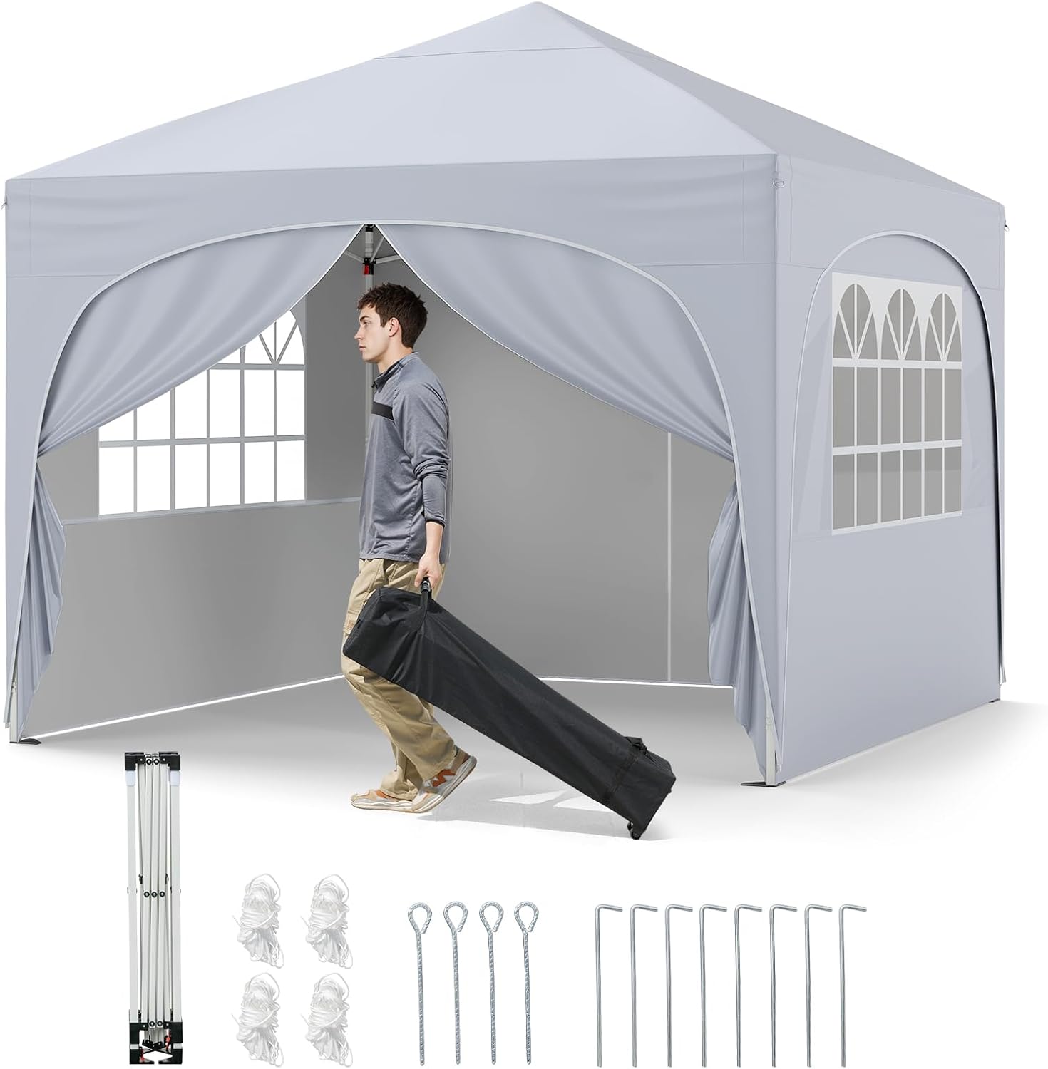 Altana Ogrodowa Zewnętrzna, Altana Składana 3 x 3 m, Przenośny Namiot Gazebo z Obciążnikami, Ścianki Boczne z Torbą na Kółkach (Biała)