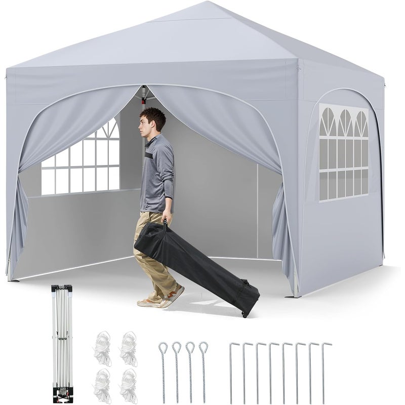 Altana Ogrodowa Zewnętrzna, Altana Składana 3 x 3 m, Przenośny Namiot Gazebo z Obciążnikami, Ścianki Boczne z Torbą na Kółkach (Biała)