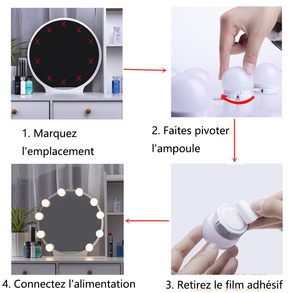 USB miroir variateur de lumière maquillage Table miroir lumière Led chambre décor 10 ampoule Led vanité lumière 3 couleurs - 3