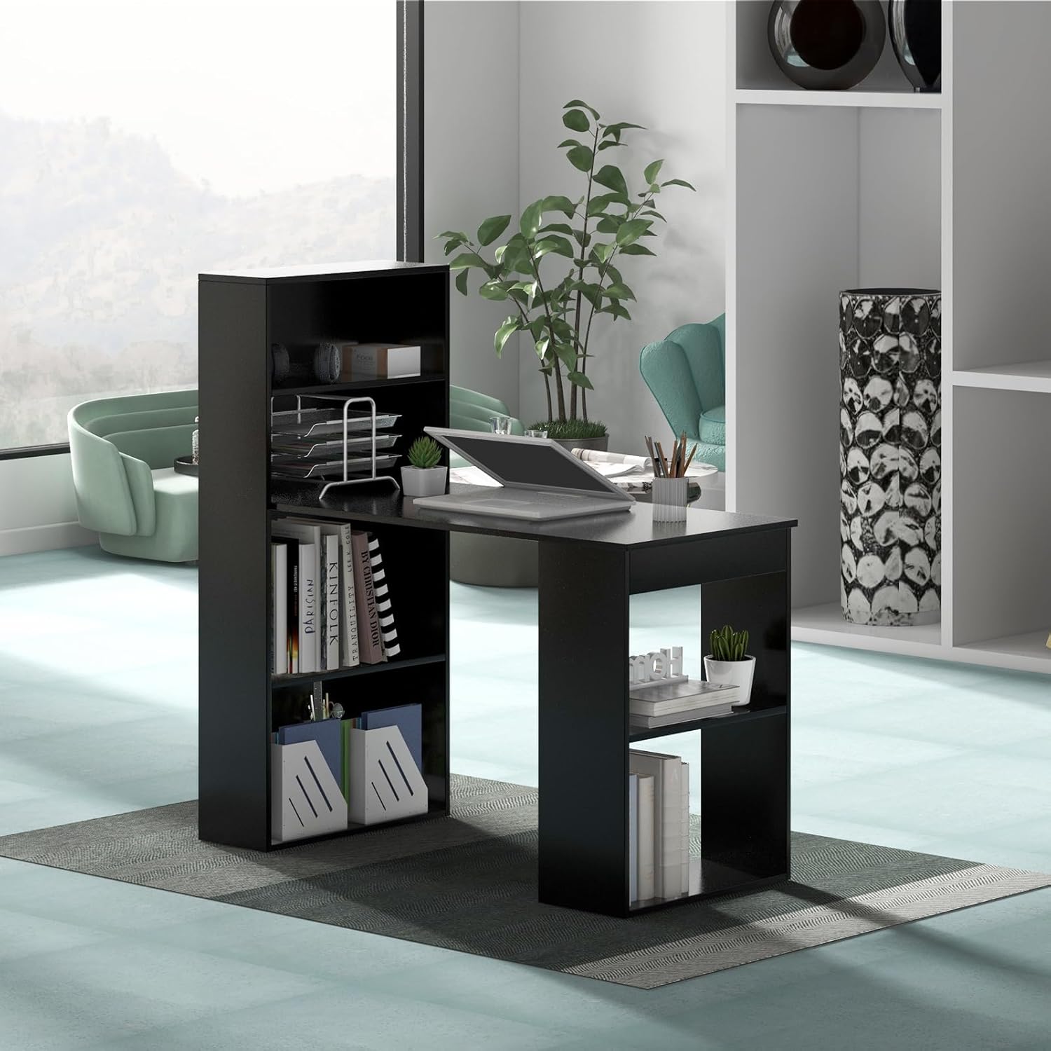 Bureau d'Ordinateur Réversible avec Bibliothèque, Assemblage Facile, pour Maison, Bureaux (Noir) - 9