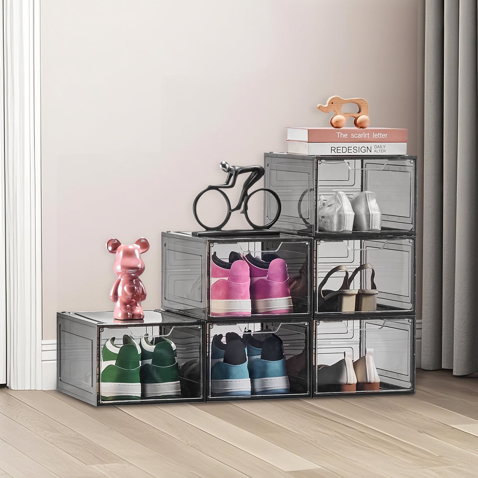 Boîtes à Chaussures Empilables,Lot de VEVOR 6,Jusqu’à Pointure US 13,Plastique avec Porte Magnétique,Bottes Talons Chapeaux,Noir - 8