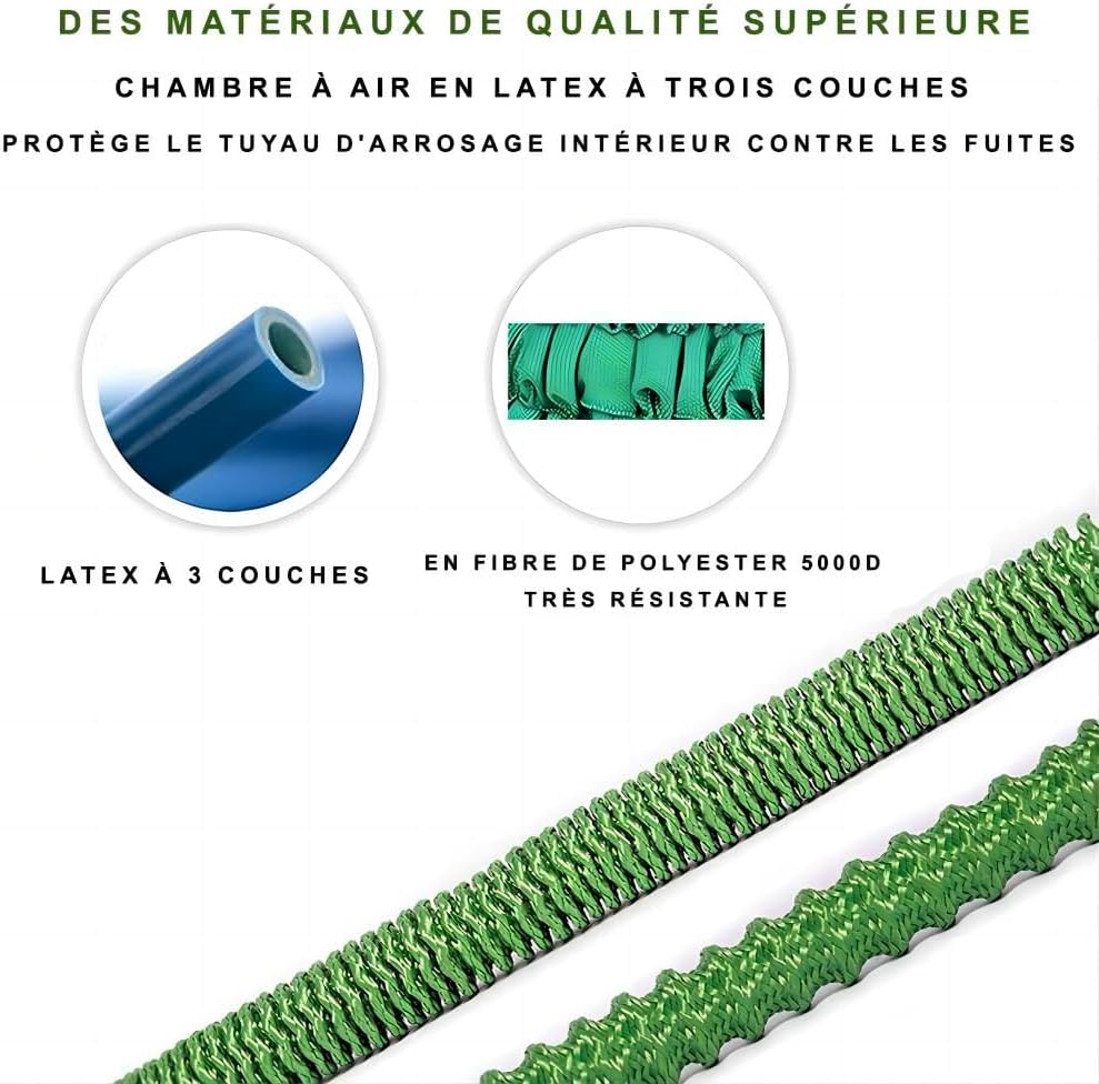 Tuyau d'arrosage extensible 15 m/50 pi - avec 7 modes de pulvérisation - anti-fuite - adapté au jardin et au lavage de voiture - 5