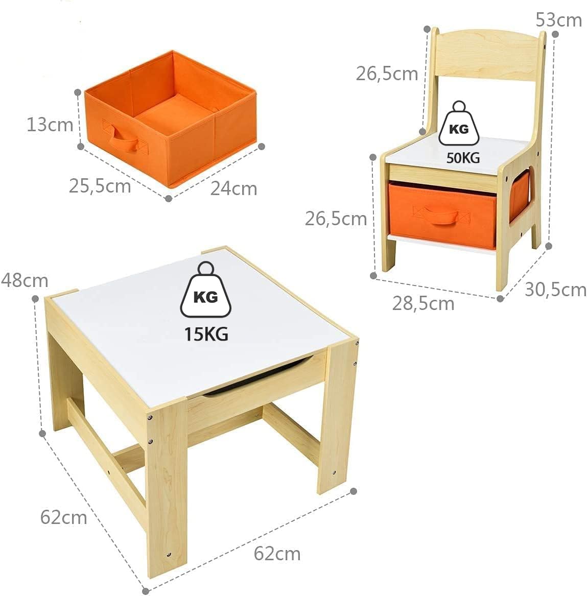 Ensemble Table et Chaises Enfant, Table Transformable 3-en-1 Multifonctionnel à Double Face, 2 Chaise avec Tiroir de Rangement, Naturel - 4