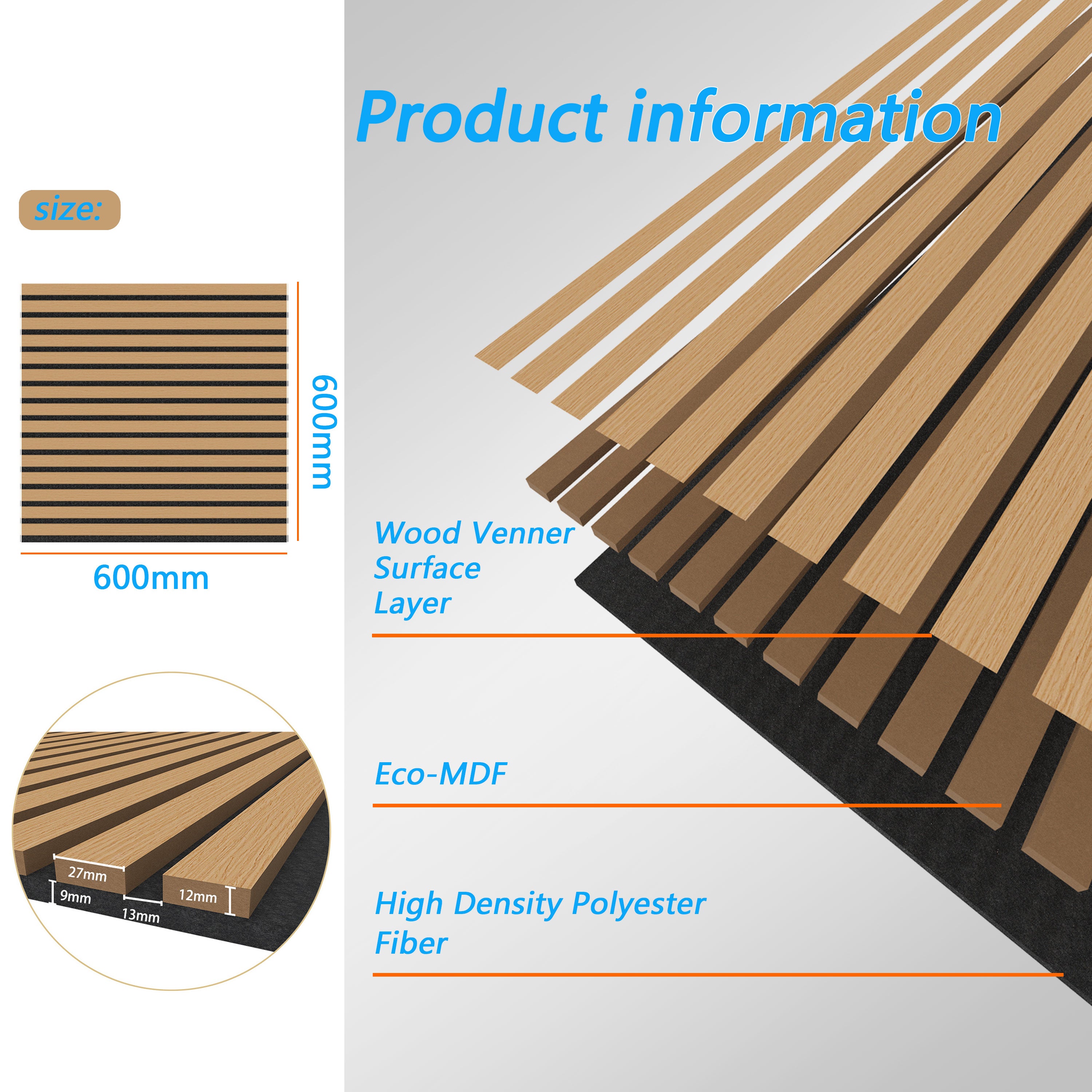 Lot de 4 panneaux muraux acoustiques décoratifs en bois MDF 60 x 60 cm, finition chêne foncé Excellente isolation acoustique, installation simple - 3