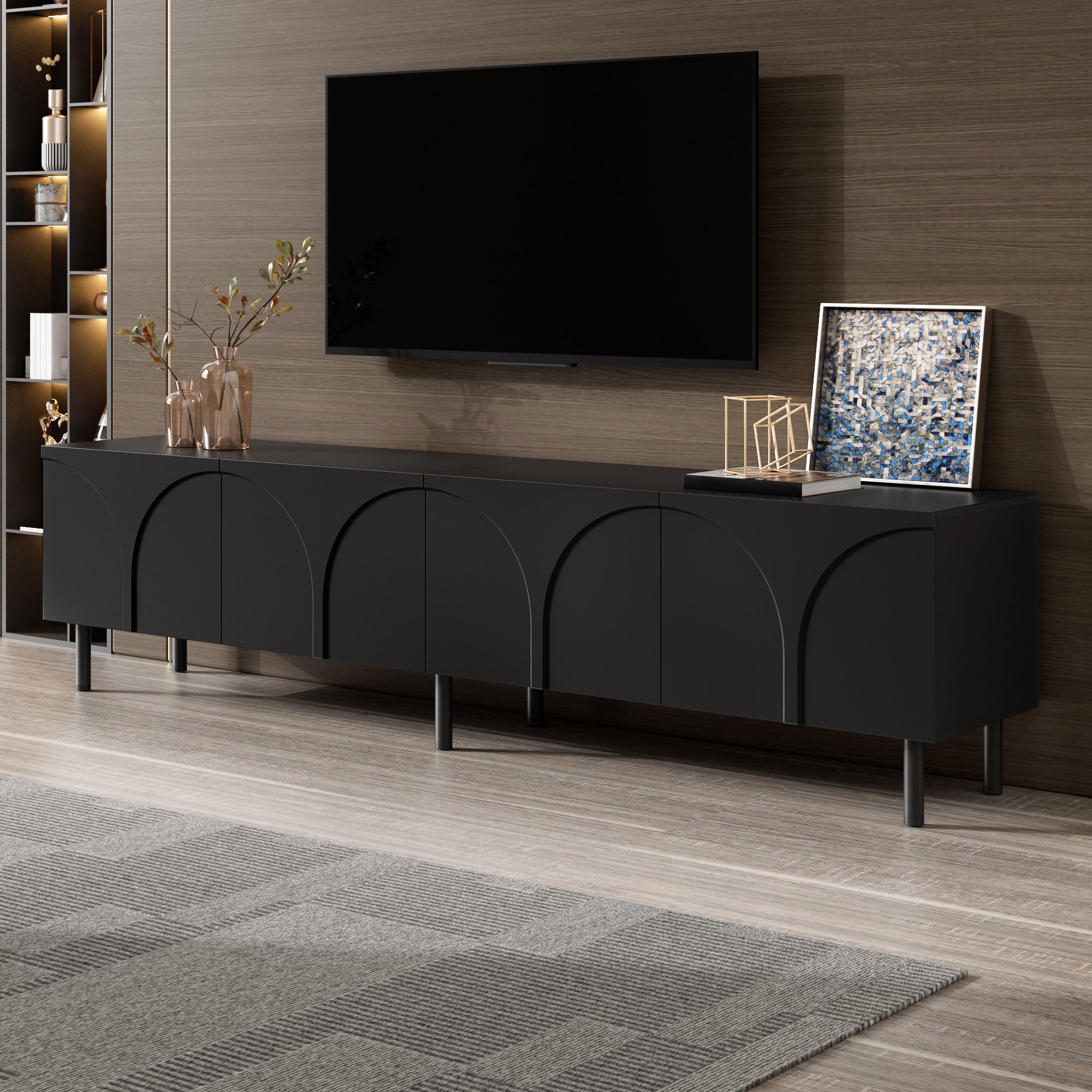 Stojak pod telewizor z 4 drzwiami o trójwymiarowych zakrzywionych liniach – 180 x 35 x 49 cm – Płyta wiórowa i MDF – Nogi metalowe – Czarny - 8