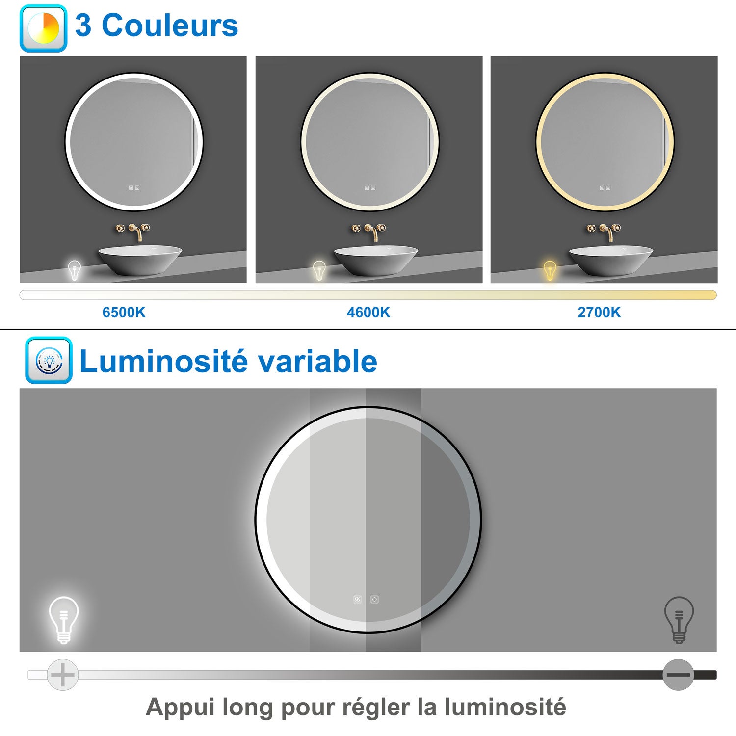 AICA Miroir lumineux 60cm rond, 3 couleurs + anti-buée + dimmable + mémoire, miroir salle de bain - 3
