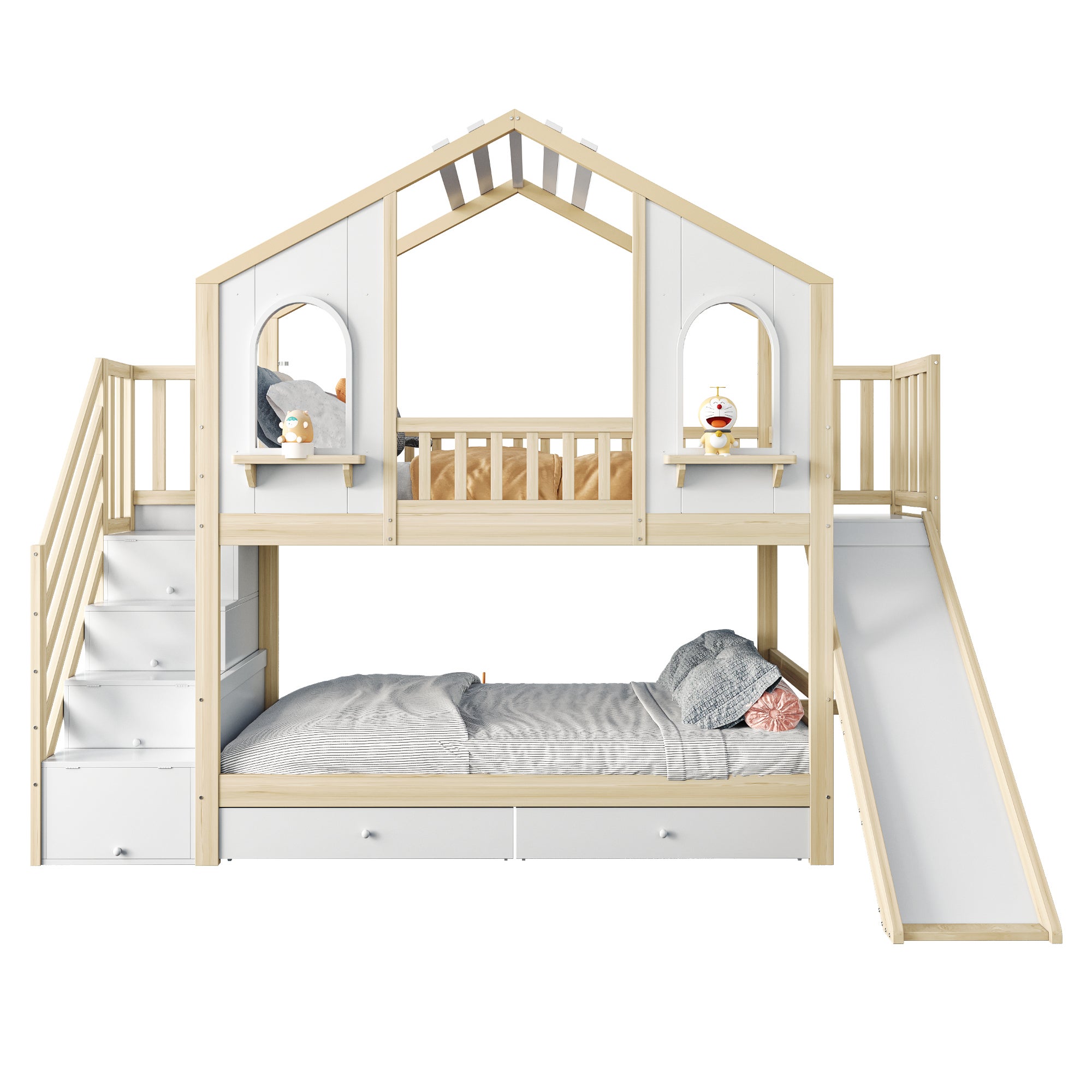 Łóżka piętrowe 2 x 90 x 200 cm ze zjeżdżalnią, 2 szufladami i 3 drzwiami - Sosna + sklejka + MDF - Naturalny + biały (Materace nie są wliczone w cenę) - 7