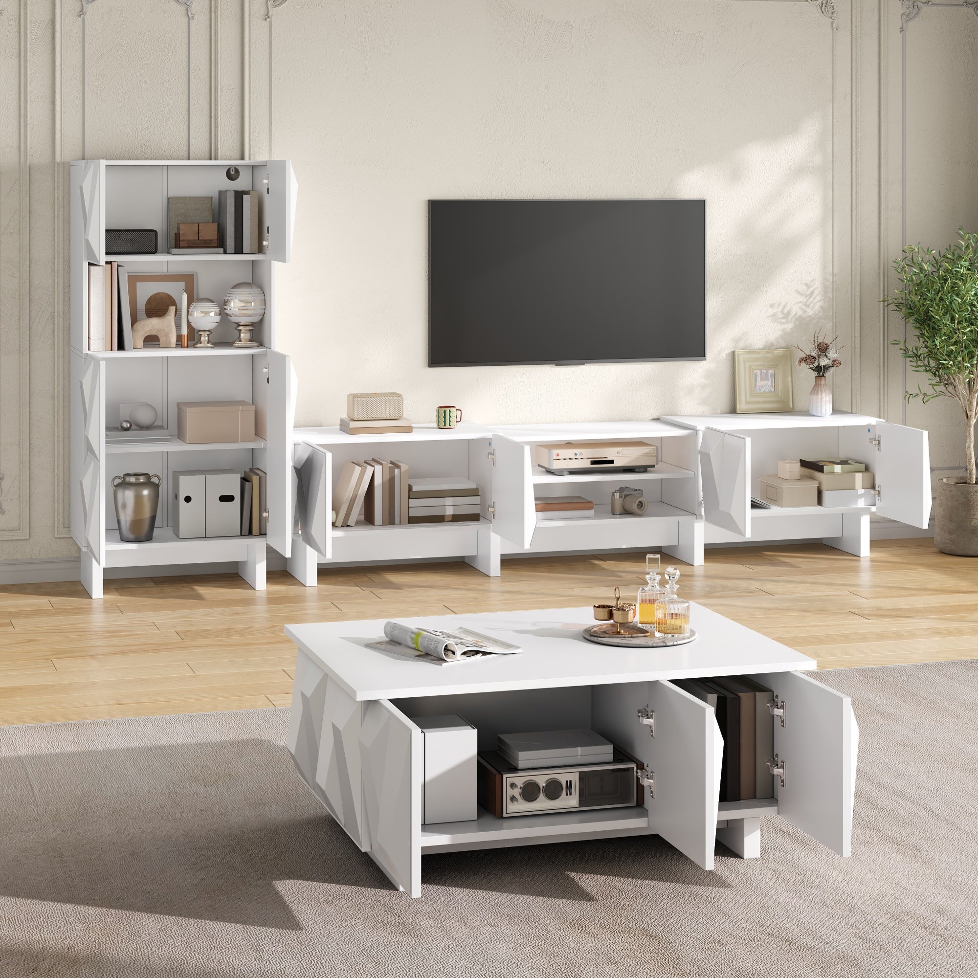 Set living alb trei mobile aglomerat, corp jos TV, dulap expunere și ...