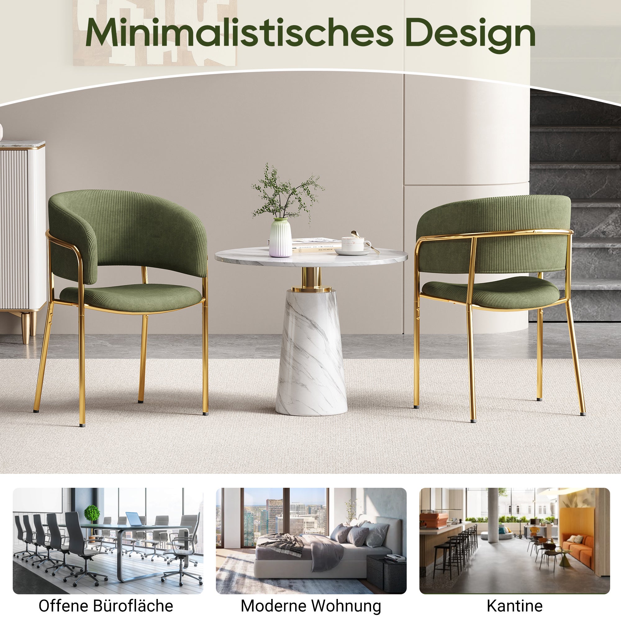 Lot de 2 chaises de salle à manger avec accoudoirs - 55 x 55 x 80 cm - Velours côtelé et pièds en métal doré - Vert - 3