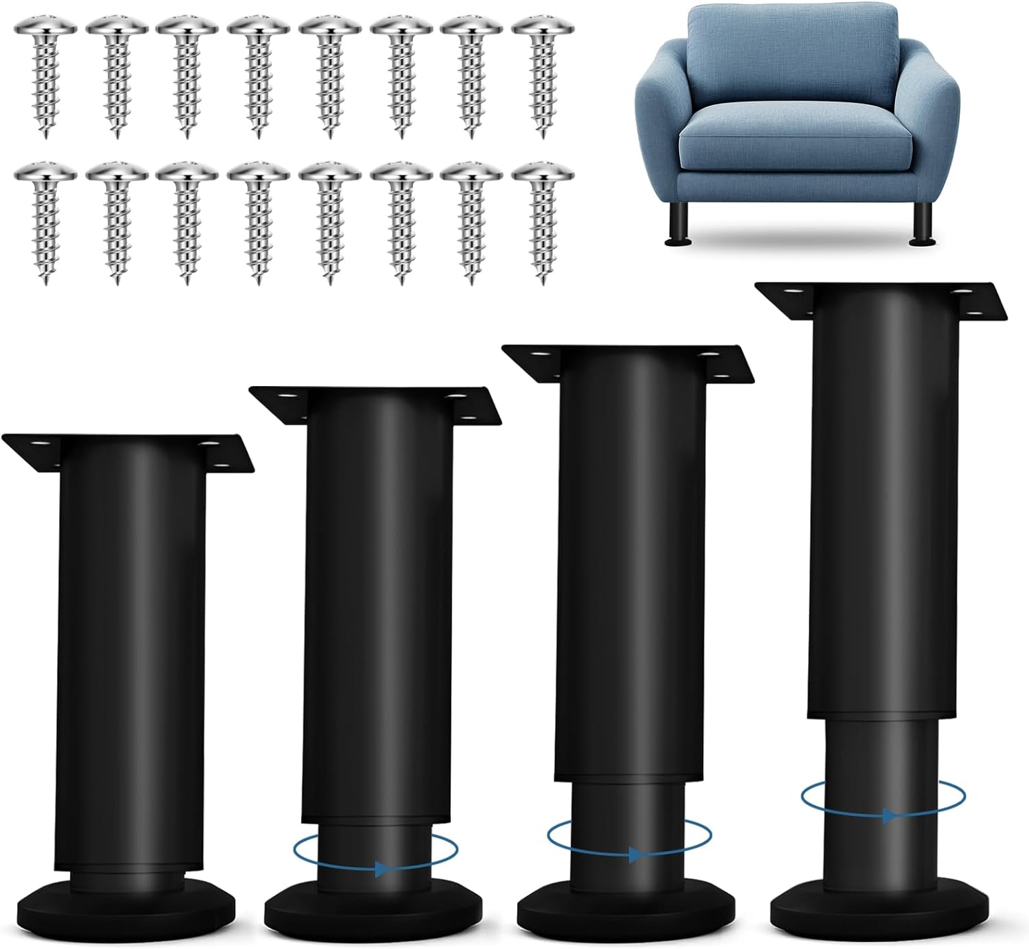 Set de 4 picioare de mobilă reglabile pe înălțime - 12 până la 18 cm - Negru - Metal - Sarcină maximă: 300 kg - Pentru mobilă, dulapuri și canapele 4buc