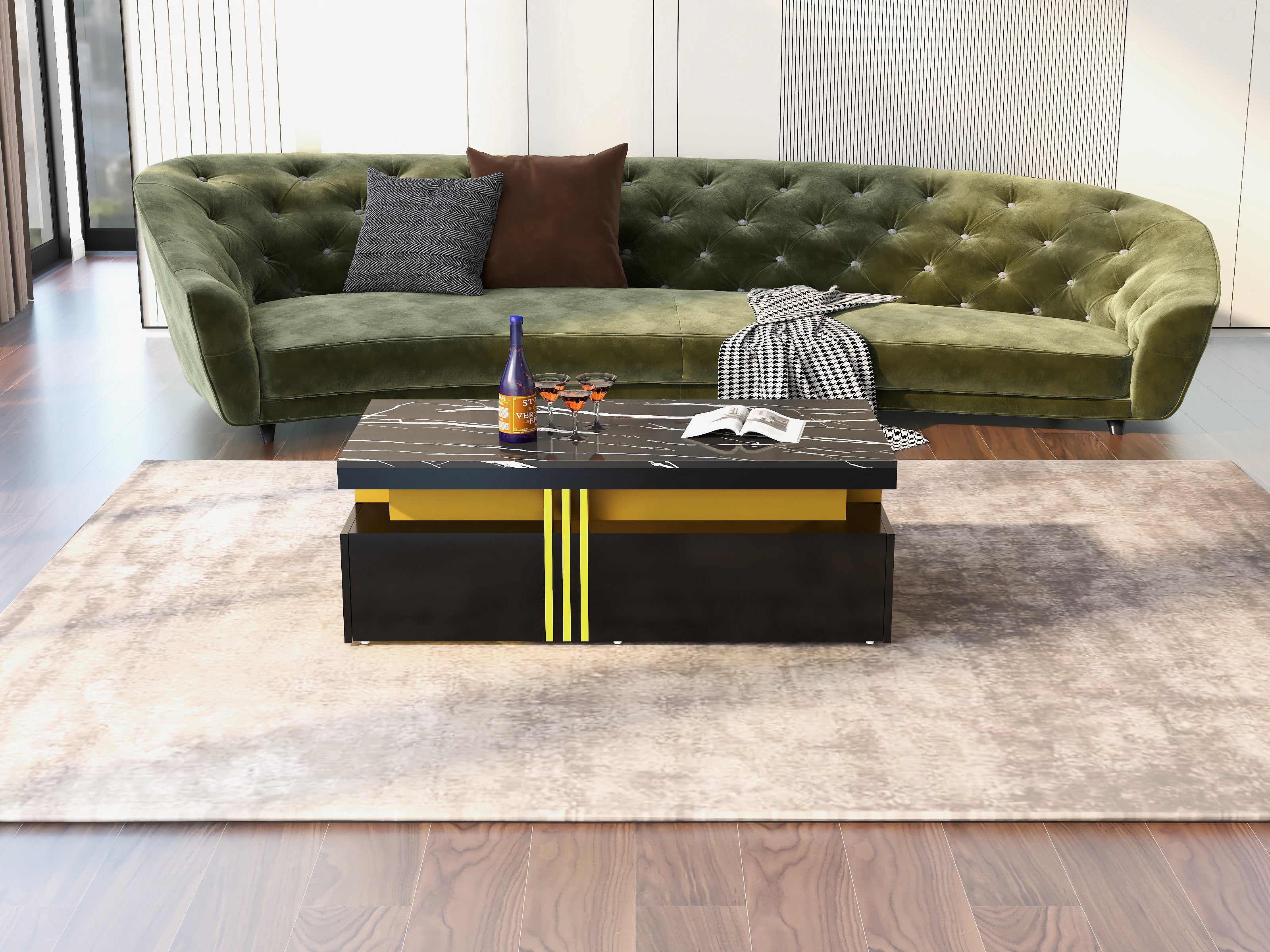 Table basse rectangulaire avec 2 tiroirs - 100x50x40 cm - panneaux de particules - plateau marbré, pour salon - noir - 4