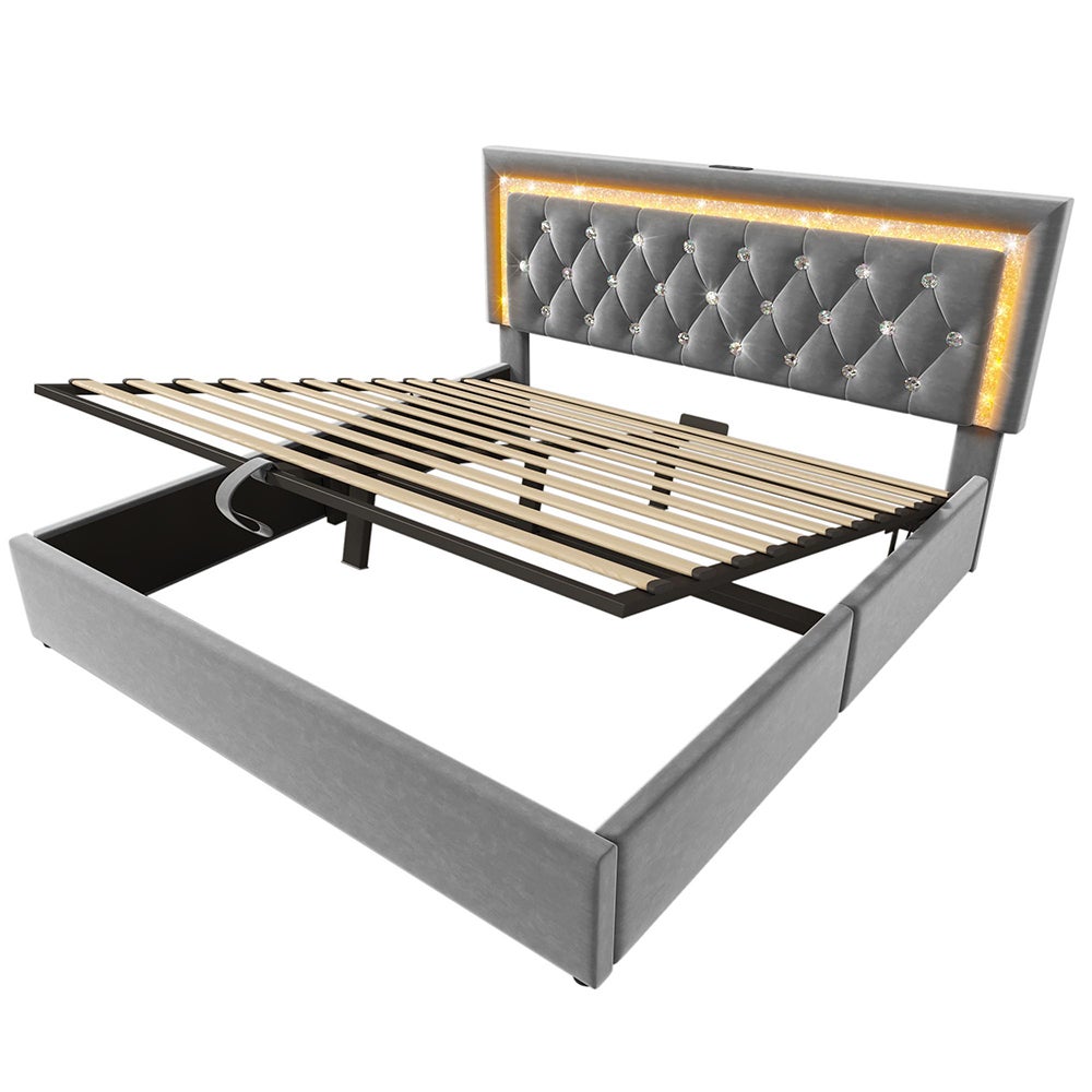 Cama tapizada, cabecero con tira LED en forma de diamante, estación de carga USB y Type-C, terciopelo, gris (sin colchón) - 140 x 200 cm - 6