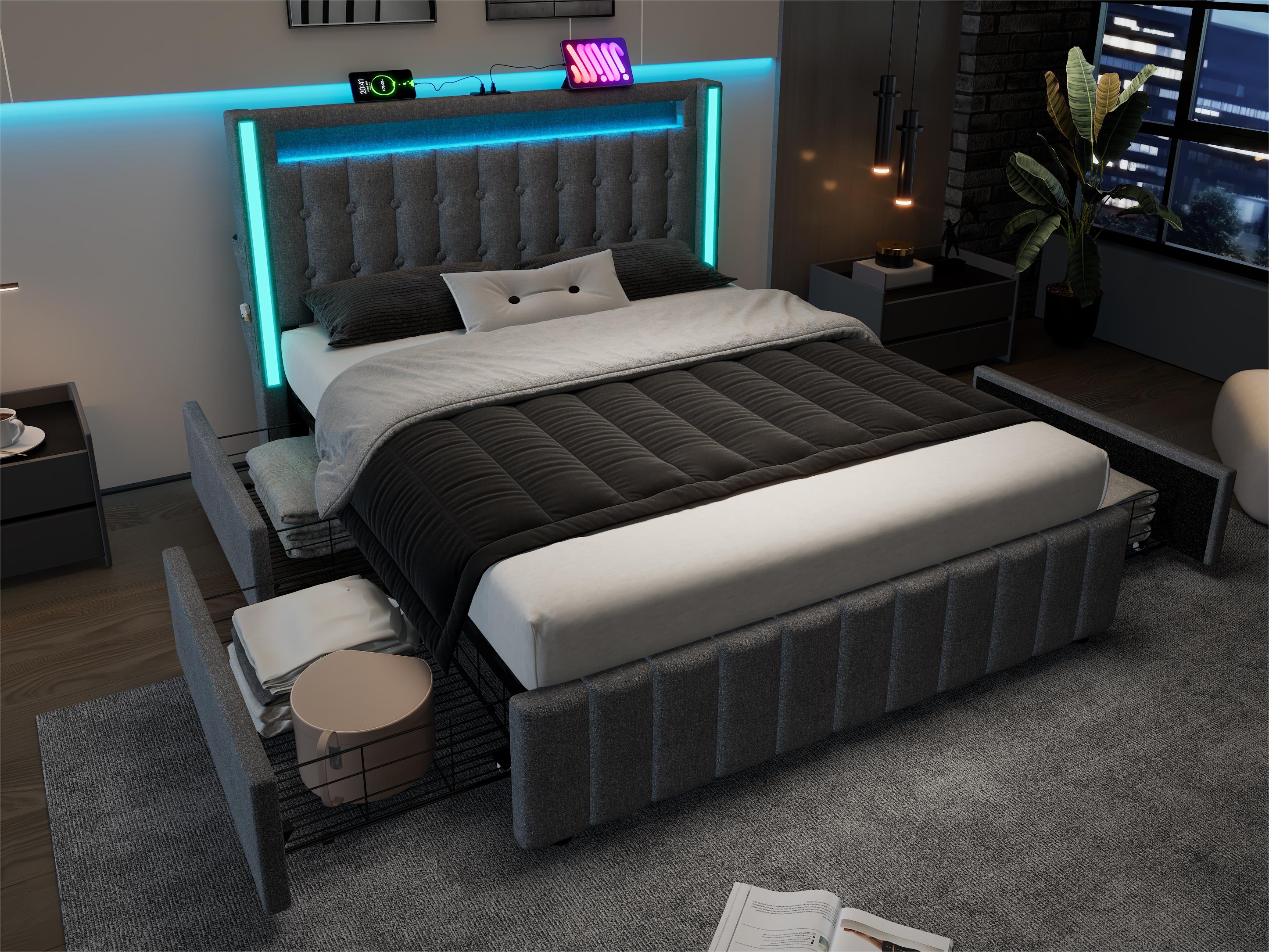 Łóżko z 2 szufladami 140x200cm tapicerowane lnem - z funkcją ładowania i oświetleniem LED - Szare