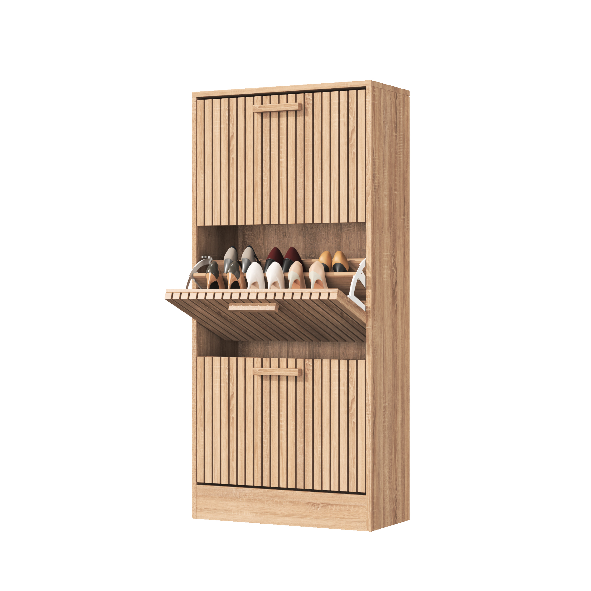 Meuble à Chaussures avec 3 Portes Rabattables, Meuble de Rangement à Chaussure en Rotin, Design Système Anti-Basculement, 60x24x113cm, Naturel - 9