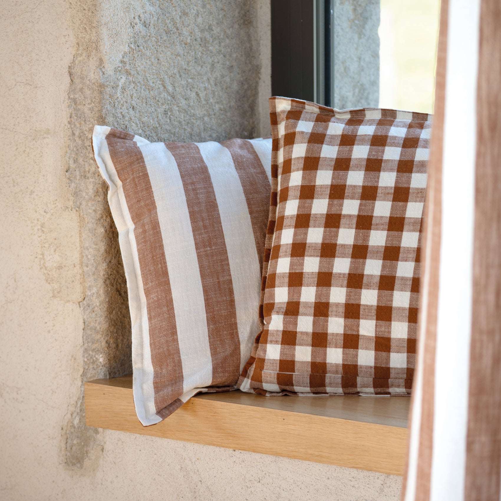 Housse de coussin recto-verso 100% coton rayures et vichy LOURMARIN - Terracotta - 45x45 cm - Coton - 2