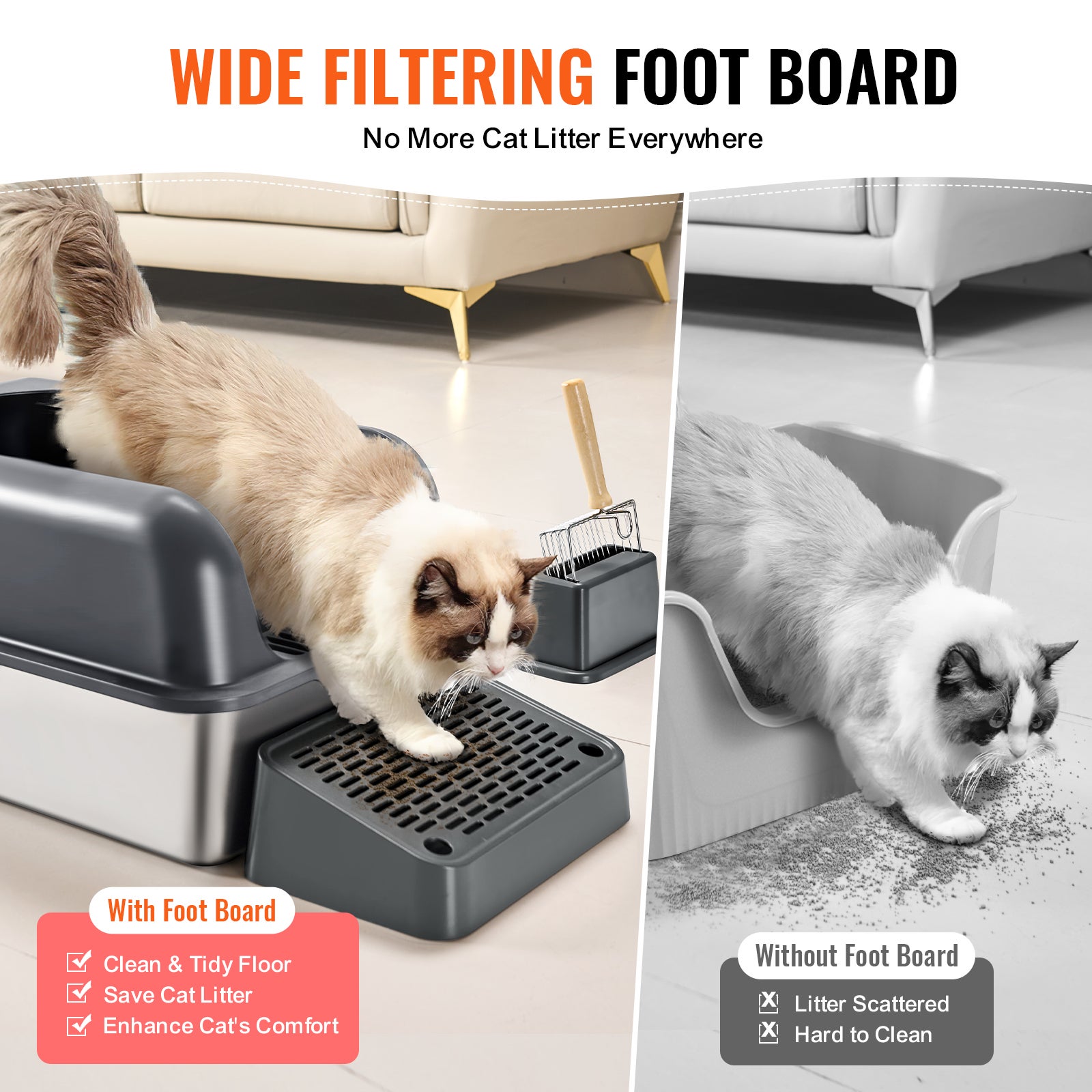 Bac à litière pour chat profondeur VEVOR 152,4 mm,acier inoxydable,avec pelle,repose-pieds filtrant,côtés hauts,sans odeur,facile à nettoyer - 4
