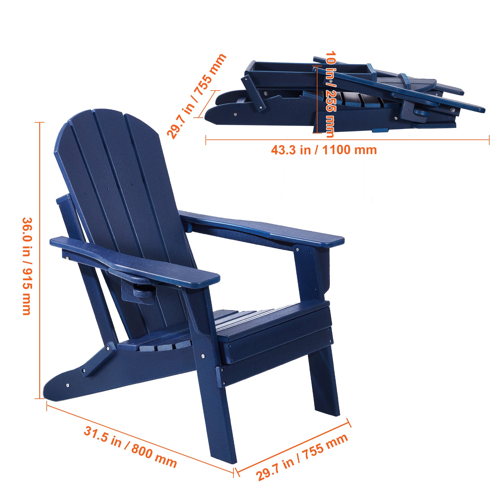 Set di 2 sedie Adirondack,SucceBuy sedie pieghevoli in plastica per tutte le stagioni con portabicchieri,braccioli ergonomici,blu navy - 2