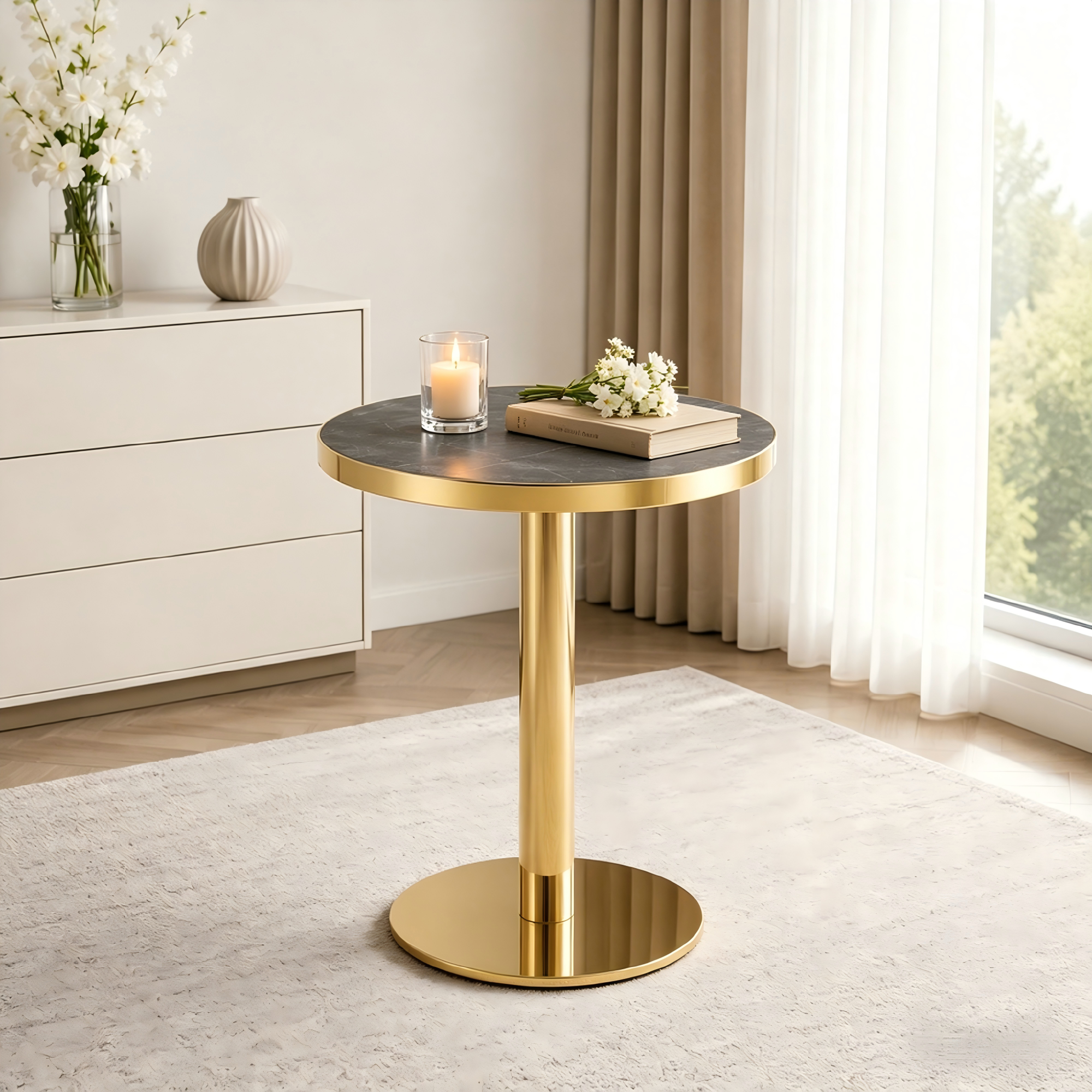 Table d'appoint ronde moderne, cadre en acier inoxydable doré, aspect ...