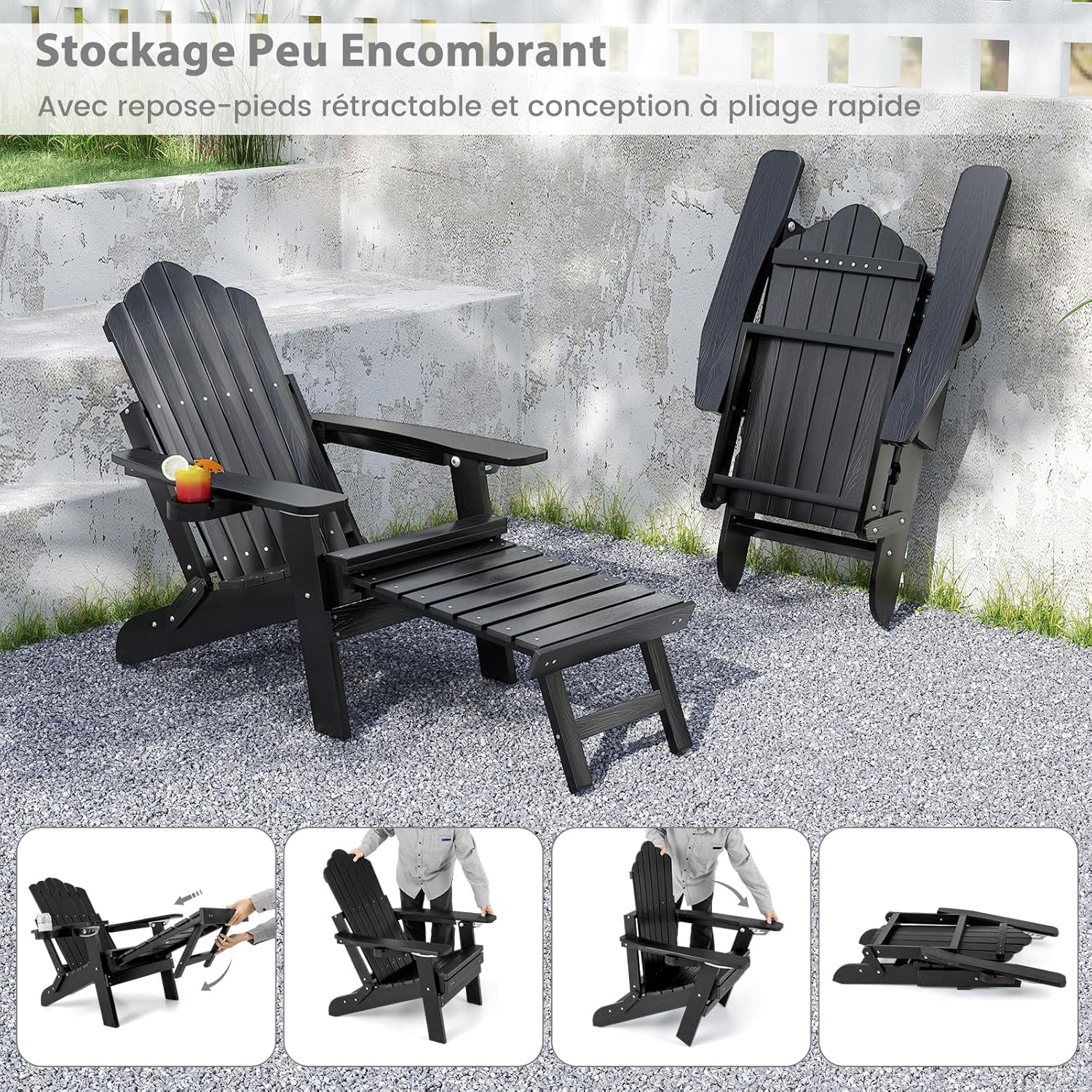 Sedia Adirondack da Giardino, Poltrona Prendisole con Poggiapiedi Estraibile, Schienale Regolabile, Sedia Lounge Adirondack Pieghevole per Gia - 7